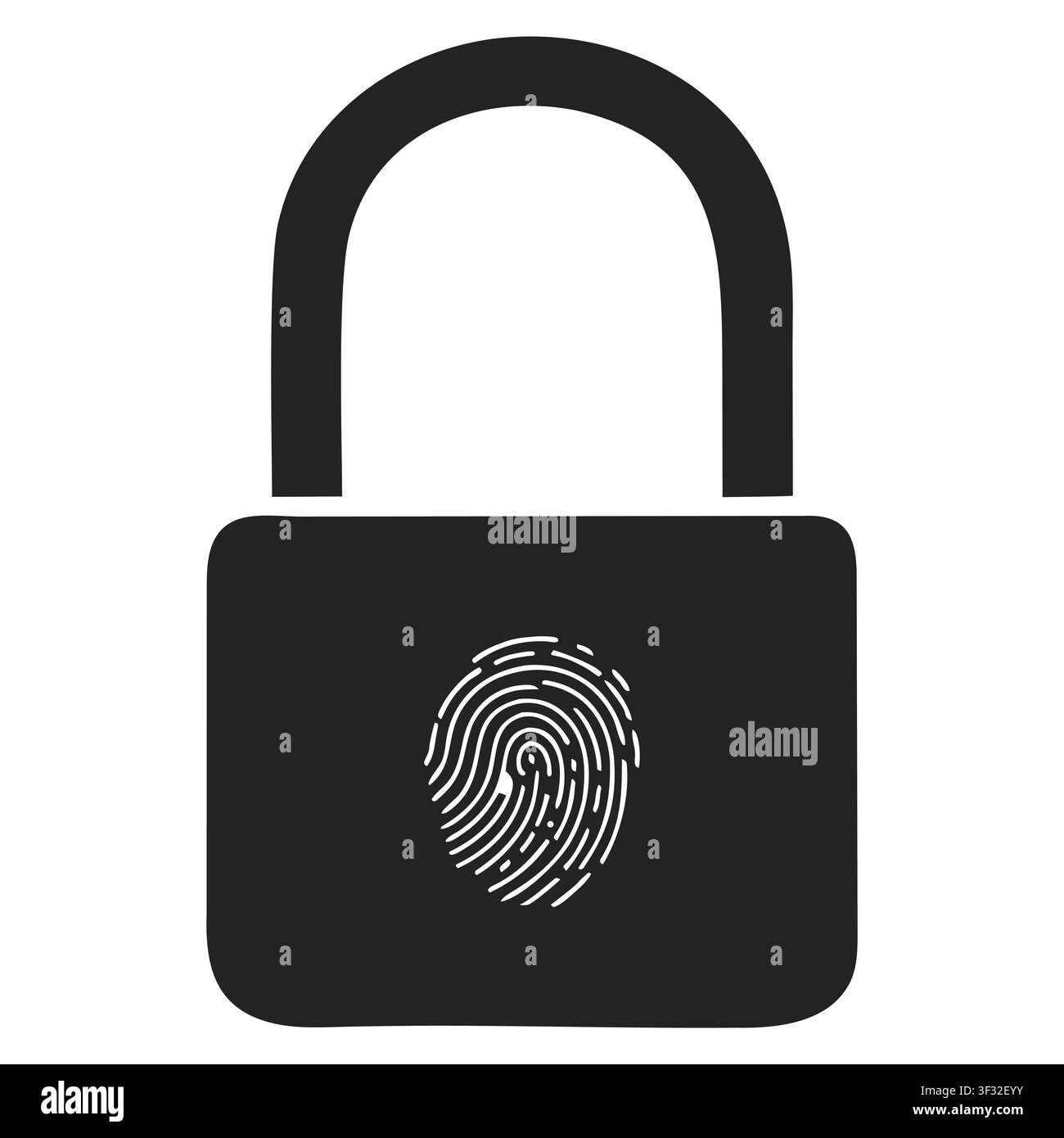 Icône moderne de serrure à empreintes digitales noire sur un cadenas symbolisant un accès sécurisé et une authentification biométrique. Illustration de Vecteur