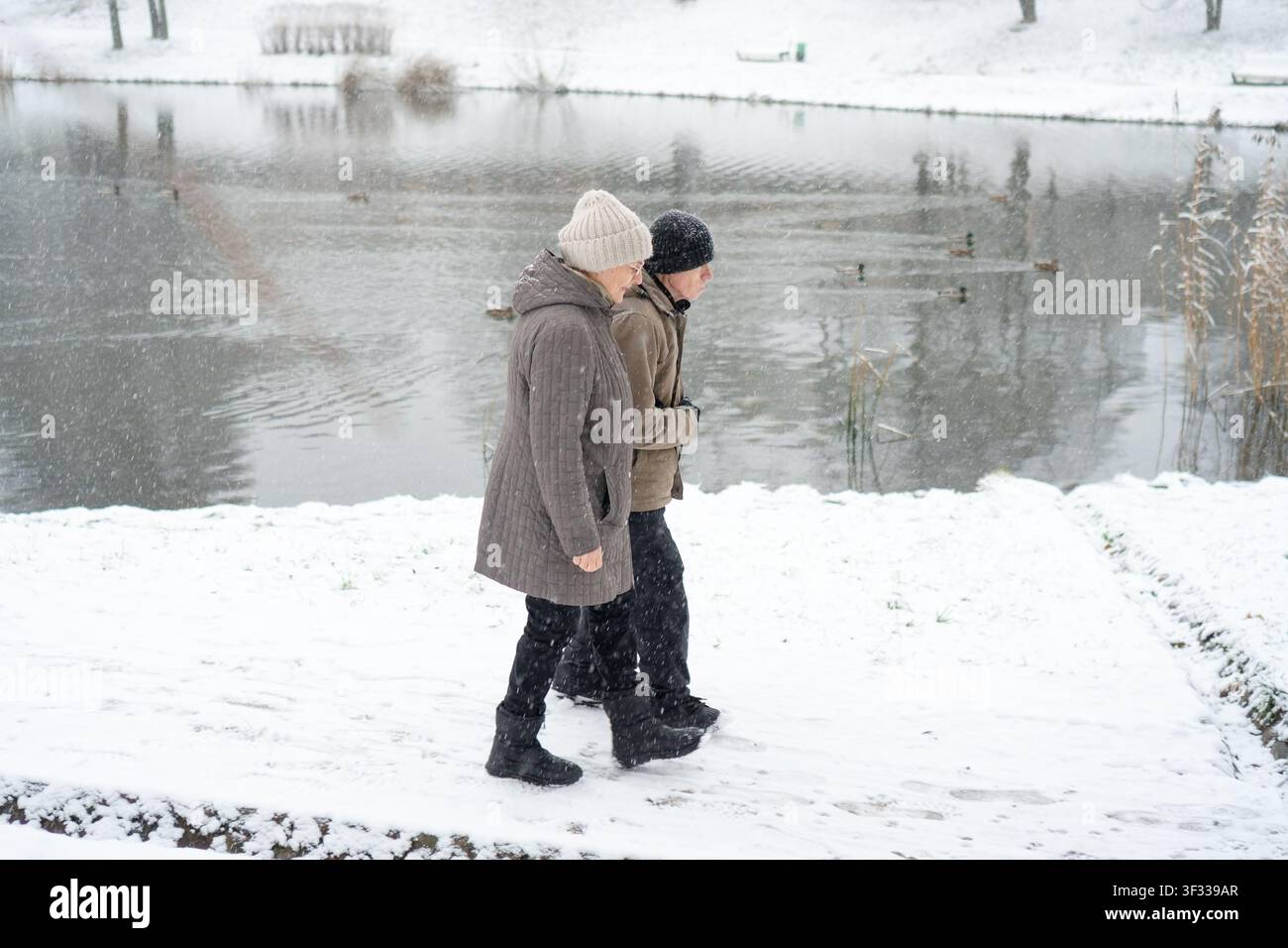 Couple de personnes âgées marchant bras dessus bras dessous sur un chemin enneigé. L'amour n'a pas d'âge pour un couple amoureux. La tendresse survit au froid et l'affection réchauffe plus que les vêtements. Partenaires dévoués s'embrassant dans un paysage hivernal Banque D'Images