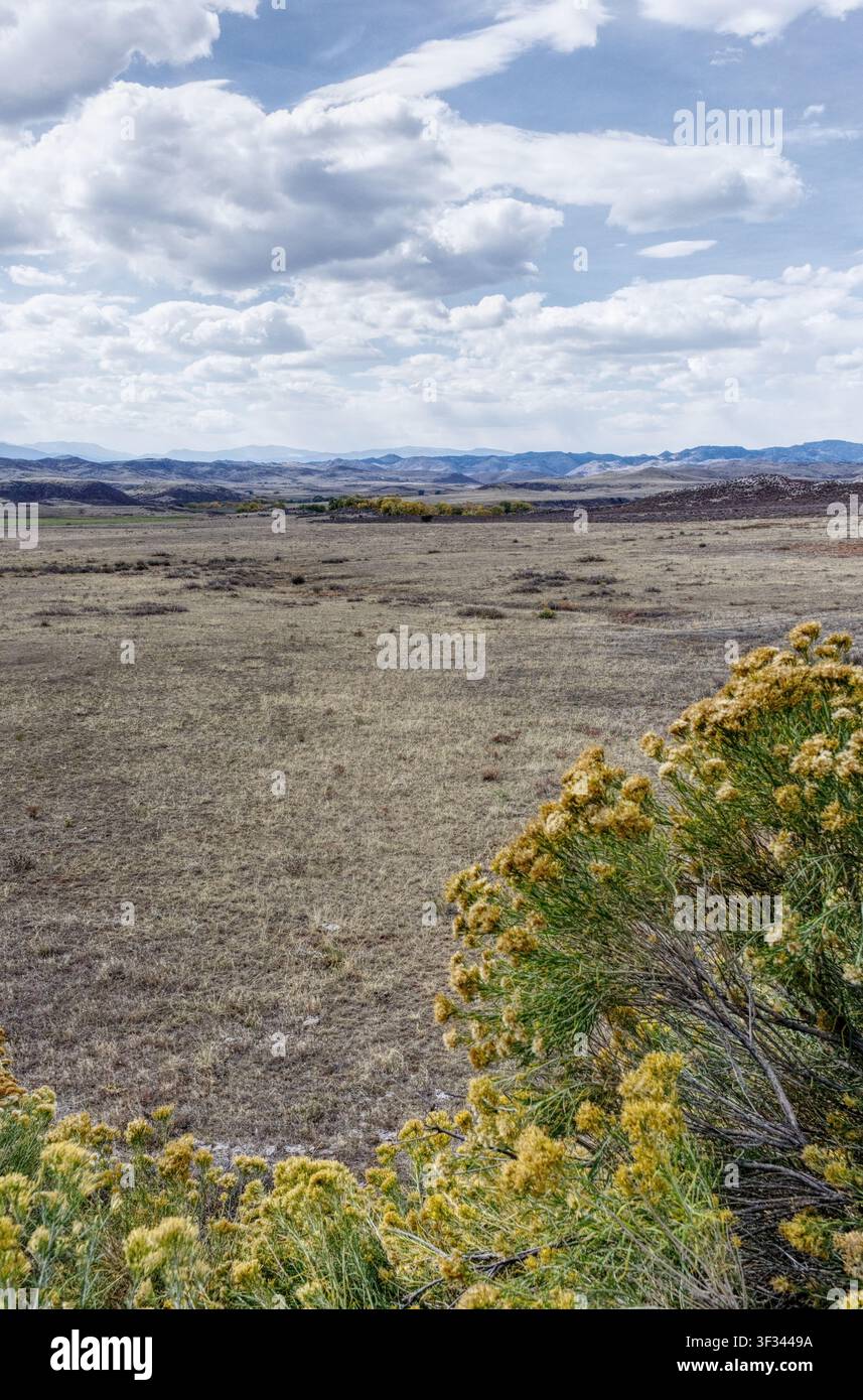 Wyoming, collines de prairies ondulantes et montagnes lointaines sous un ciel occidental nuageux Banque D'Images