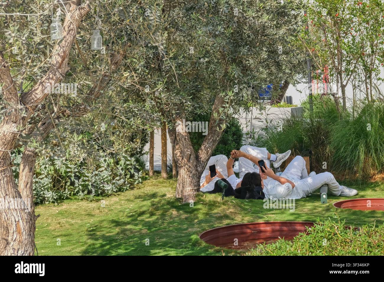 Les employés profitent d'une pause en plein air dans des espaces publics paysagés, reflétant l'équilibre travail-vie et l'environnement urbain convivial de Dubaï. Banque D'Images