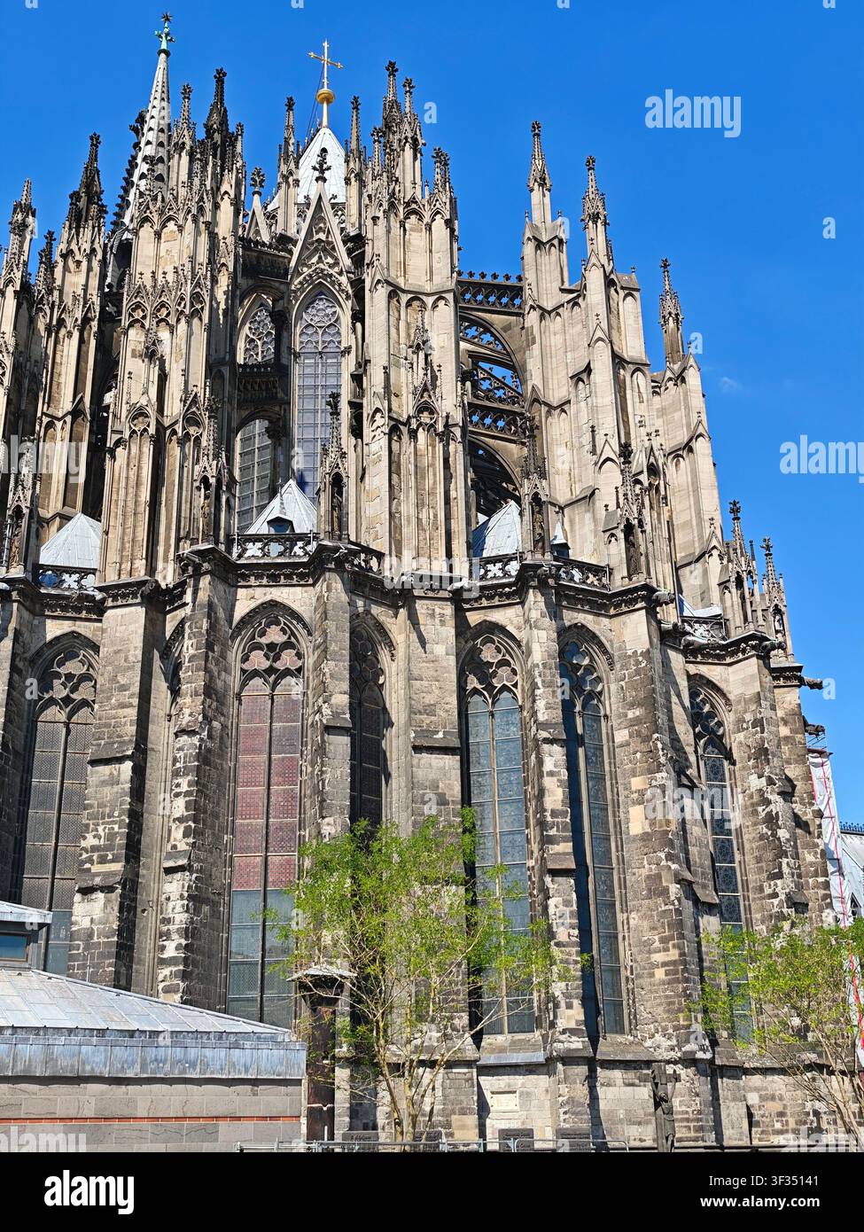 Côté sud de la cathédrale de Cologne sous un ciel bleu clair à Cologne, en Rhénanie-du-Nord-Westphalie, Allemagne. - Image de stock capturée avec un smartphone