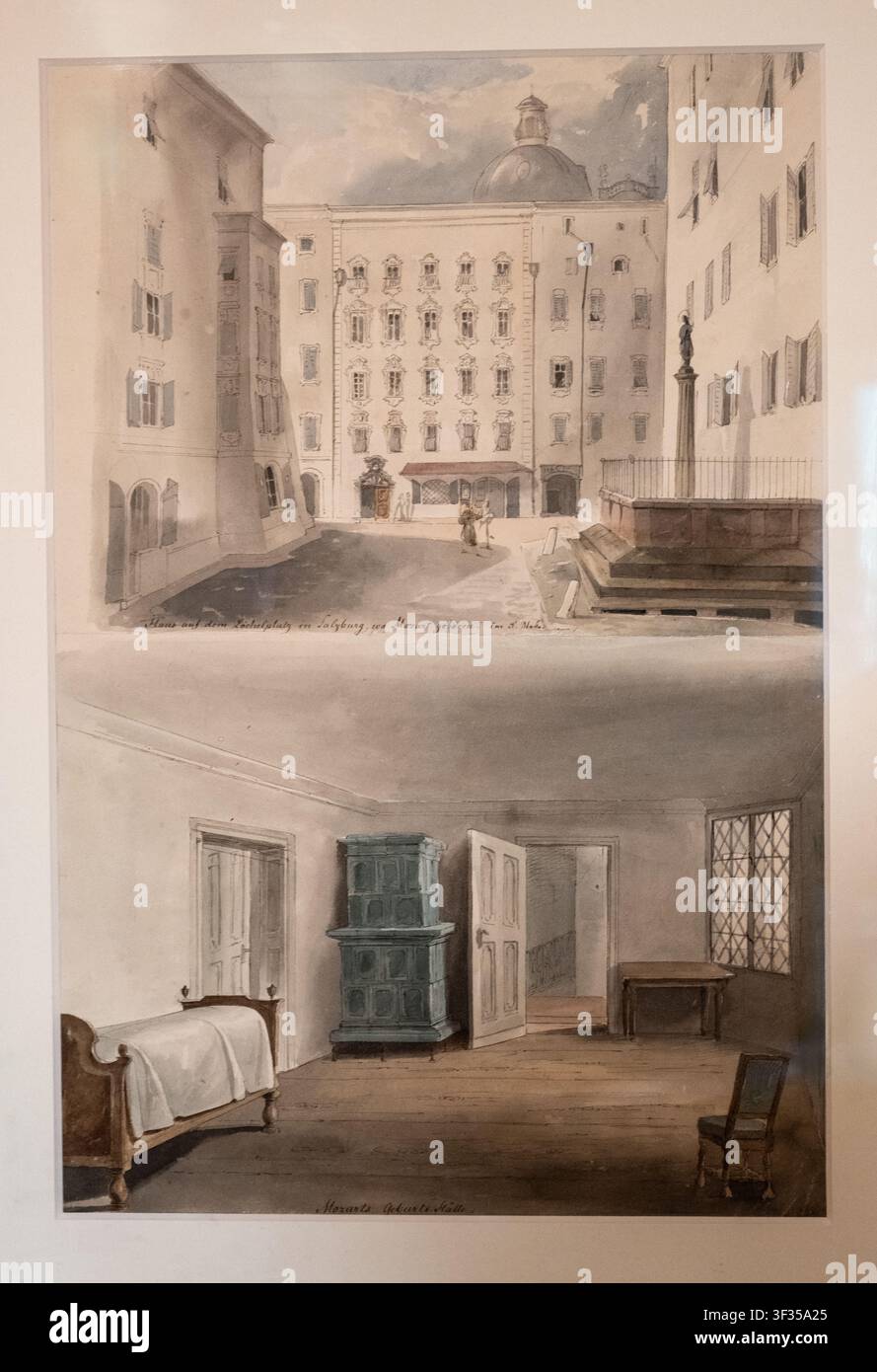 Dessin de deux vues de la maison natale de Mozart et de sa chambre de naissance à Salzbourg, Autriche, par Eduard Gurk en 1838 Banque D'Images