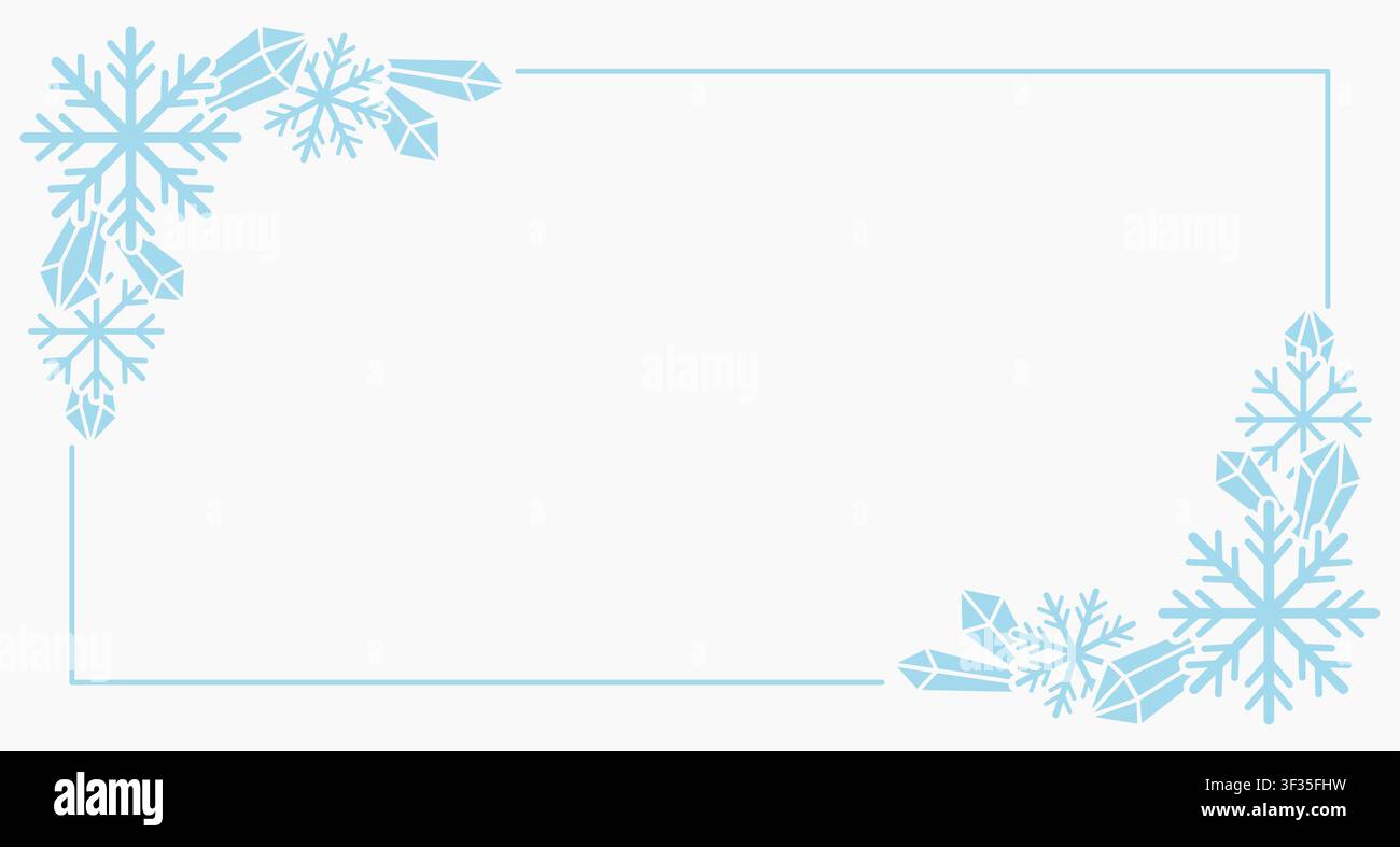 Cadre d'hiver épuré et minimaliste présentant des flocons de neige bleu clair et des cristaux de glace disposés dans les coins opposés d'une fine bordure rectangulaire. Illustration de Vecteur