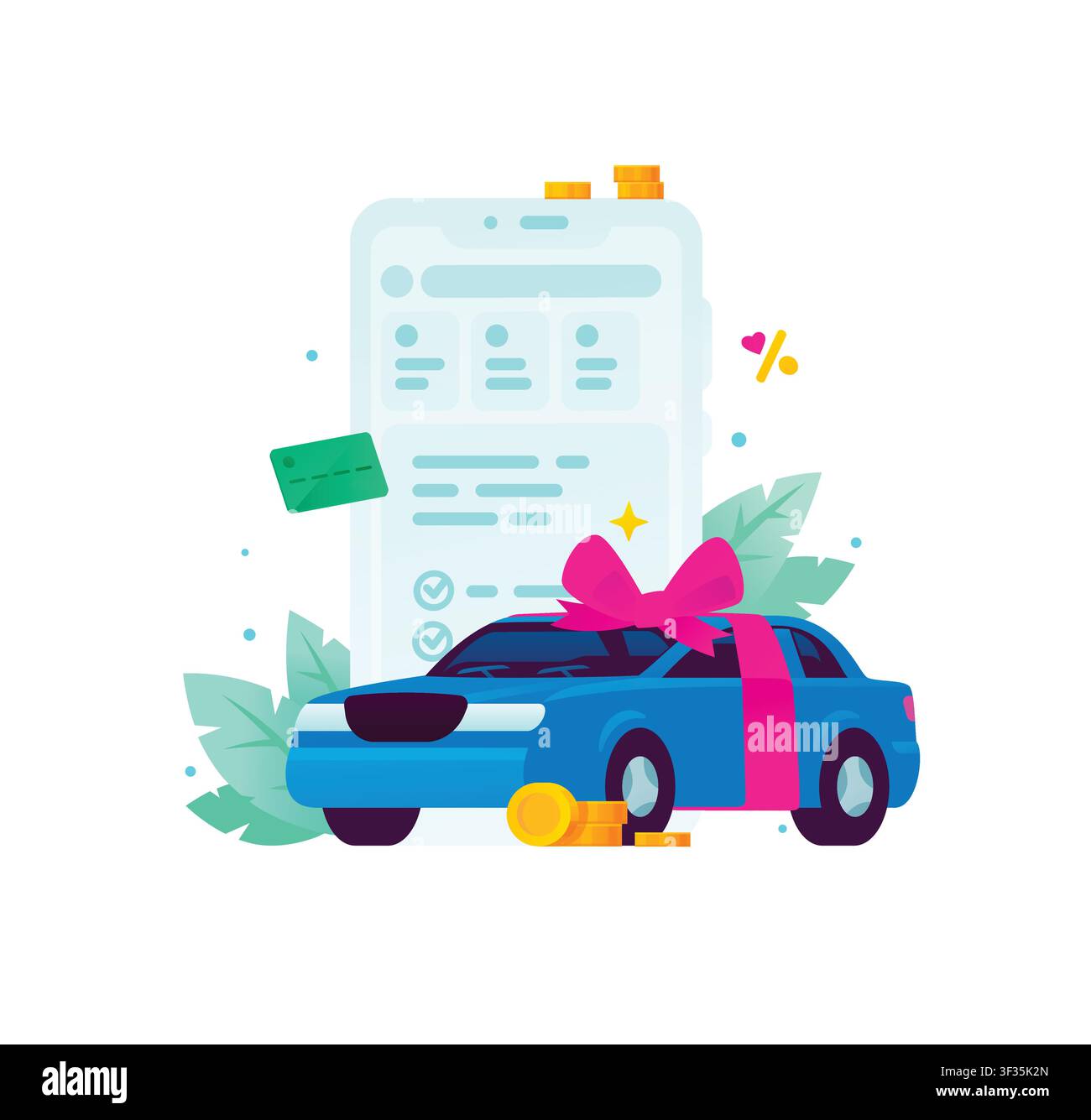 Voiture bleue avec un nœud cadeau à côté d'un écran de smartphone et de pièces de monnaie. Concept de crédit automobile mobile, achat d'une voiture en ligne, application d'assurance véhicule et grande loterie Illustration de Vecteur