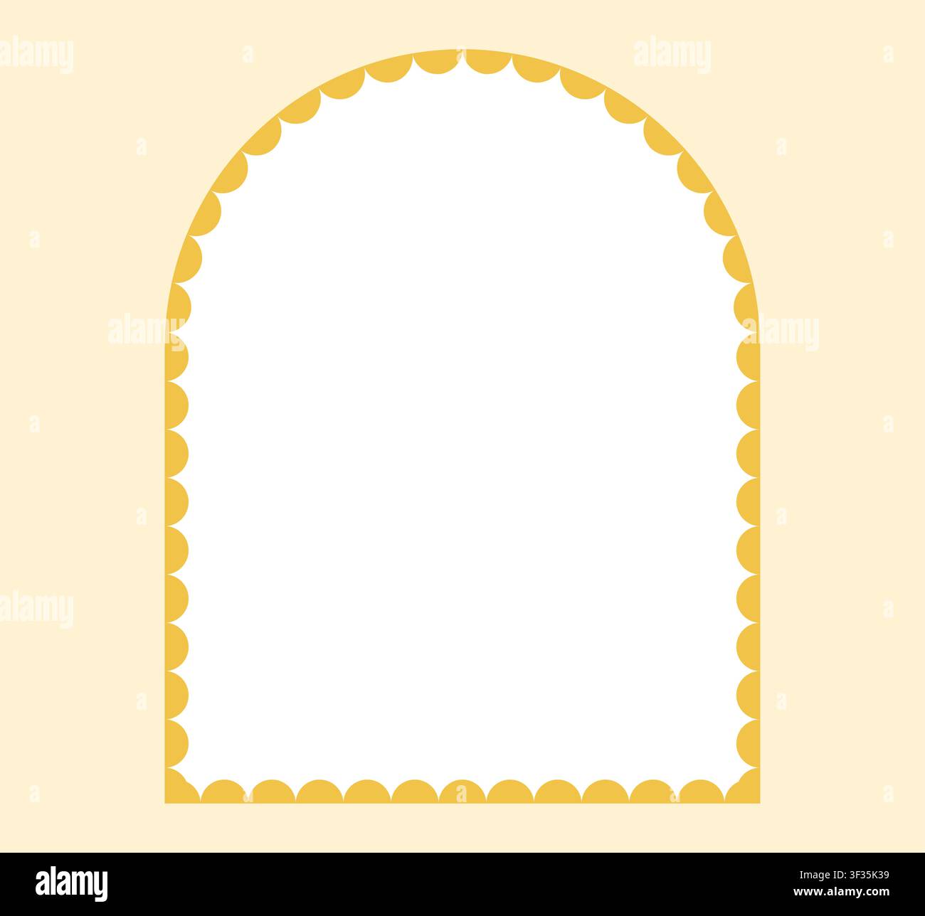 Une bordure en dentelle à arceaux jaunes encadre un centre blanc vide sur un fond crème pâle en tant que modèle de vignette décorative pour invitations, annonces de naissance ou mises en page de papeterie minimaliste et épurée. Illustration de Vecteur