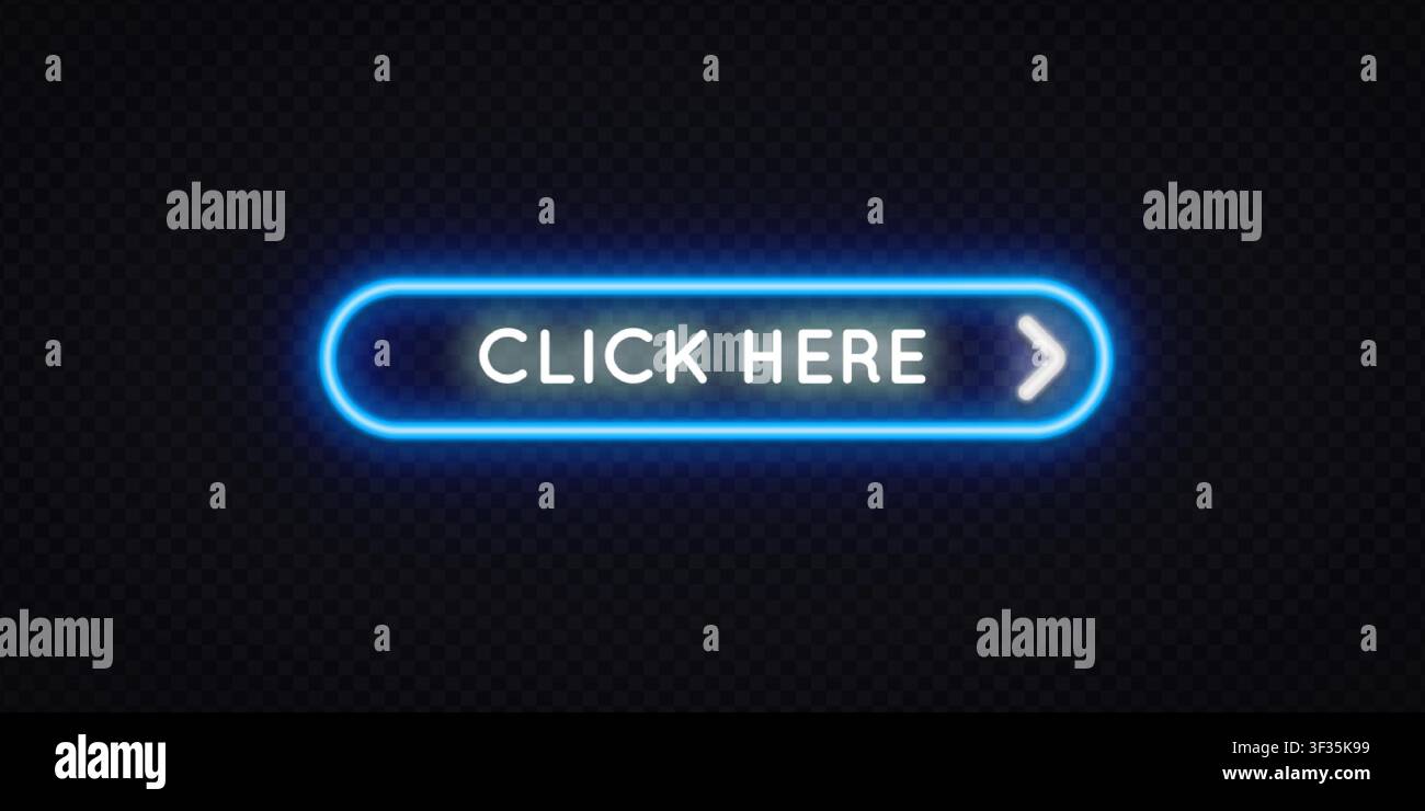 Bouton "Cliquez ici" bleu néon lumineux avec flèche sur fond sombre transparent. Élément CTA arrondi et vibrant pour site web, bannière ou publicité numérique Illustration de Vecteur