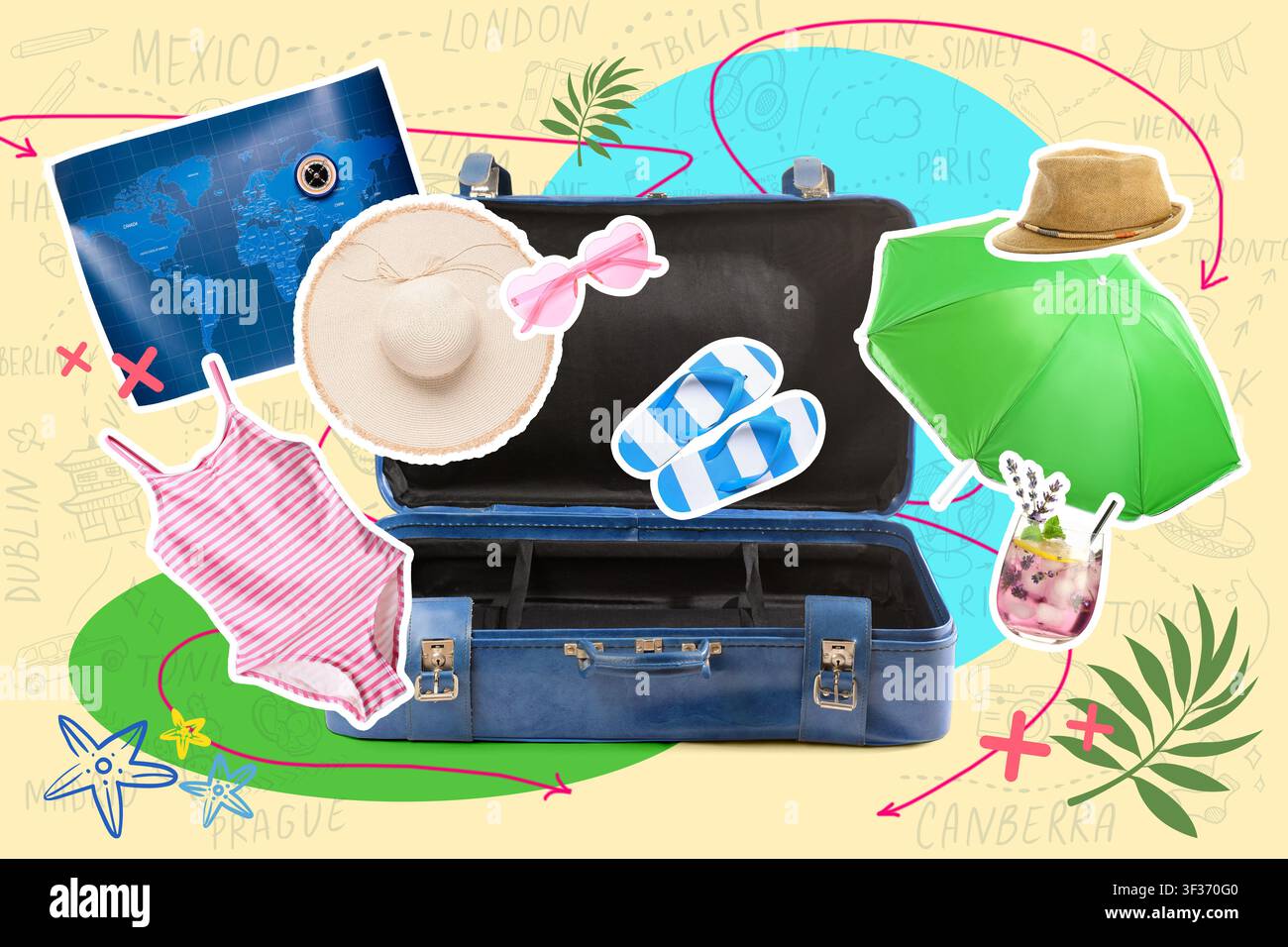Planification des vacances d'été avec une valise ouverte, une carte du monde, des accessoires de plage et un itinéraire de destination sur un fond clair Banque D'Images