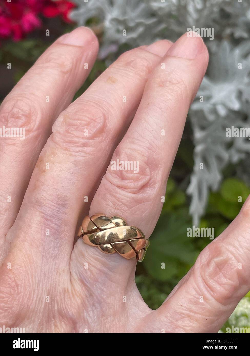 Grossissement d'une bague puzzle vintage en or massif portée au doigt anneau d'une femme caucasienne mature, États-Unis Banque D'Images