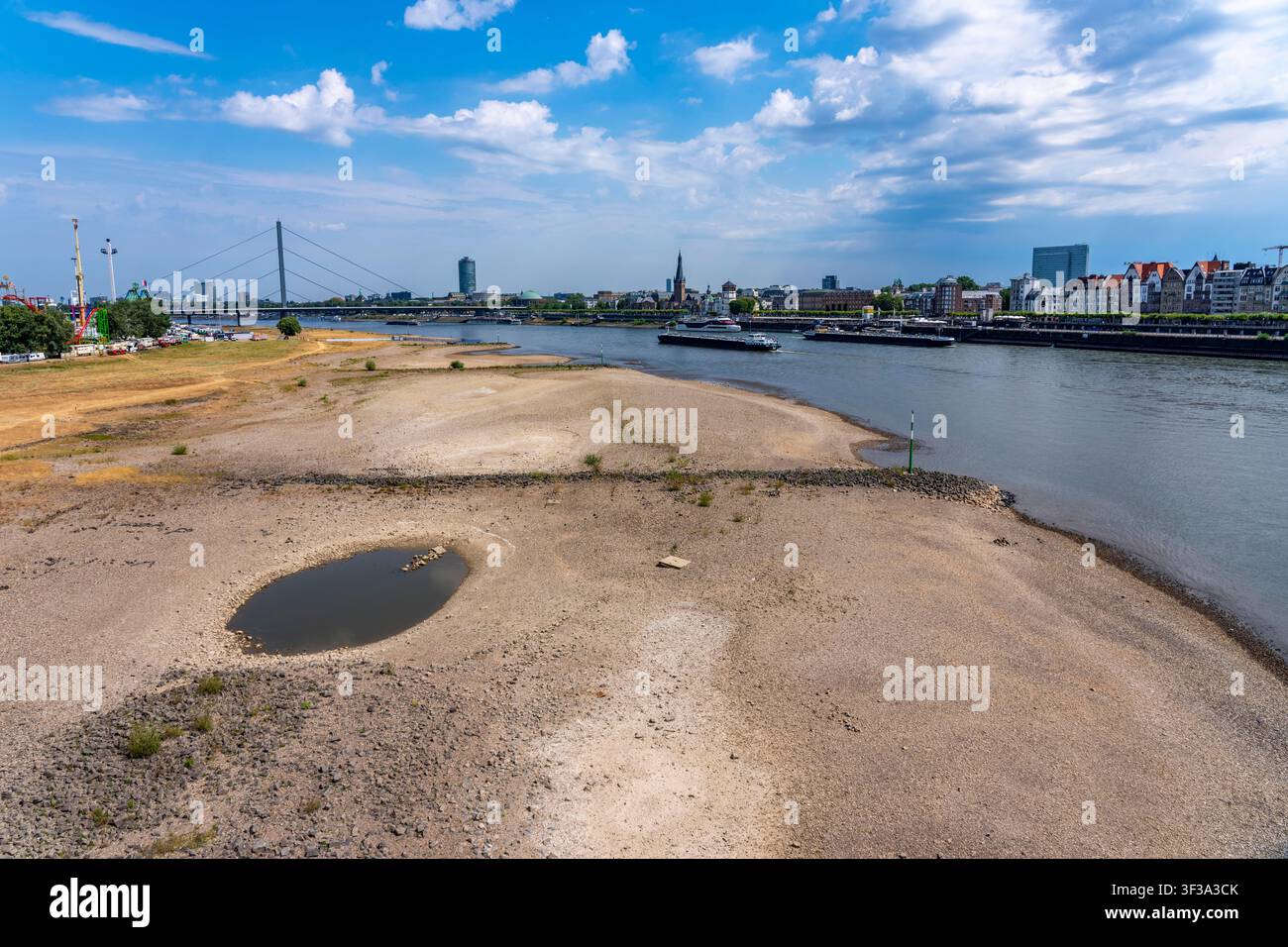 Bateau de charge sur le Rhin près de Düsseldorf ; le niveau de l'eau est extrêmement bas, avec une mesure du Rhin à 41 cm et en baisse ; les bateaux de charge doivent naviguer Banque D'Images
