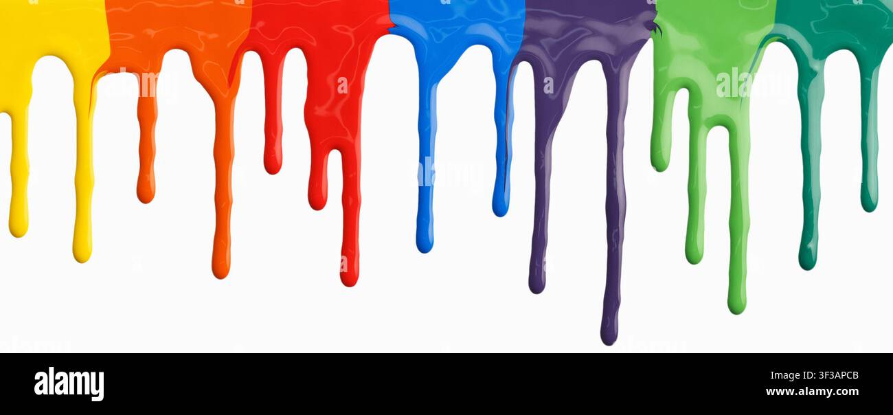 Peintures colorées dégoulinant sur fond blanc, panorama Banque D'Images