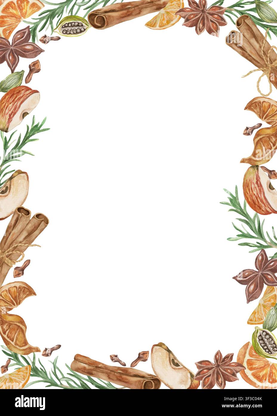 Cadre vectoriel vertical d'épices et fruits secs aquarellés avec cannelle, anis étoilé, tranches de pomme et d'orange. Modèle vierge pour menu, recette Illustration de Vecteur