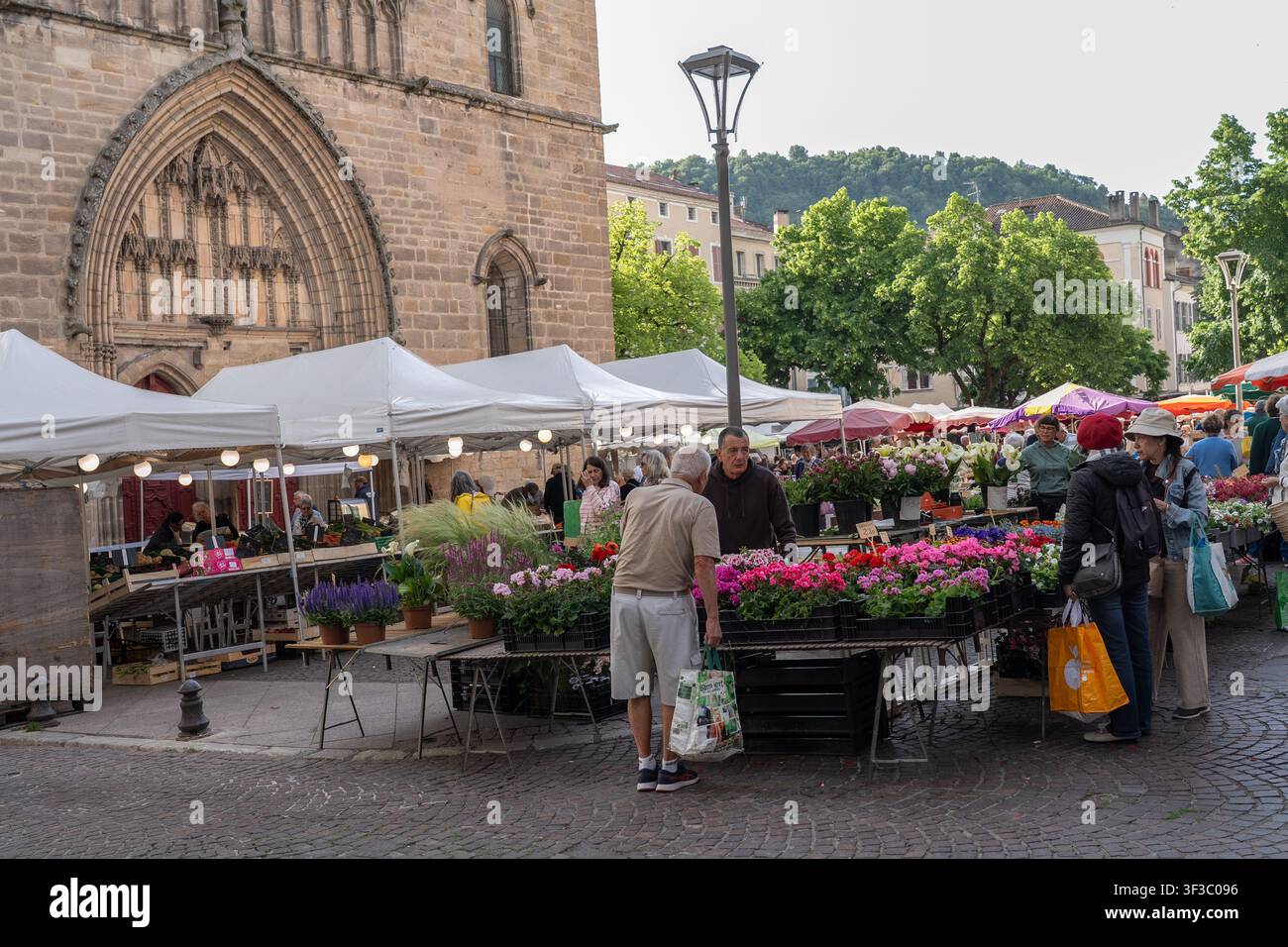 Le marché de Cahors sur la place de la cathédrale. Il propose des produits locaux frais comme des fruits et des légumes, des fleurs et du vin régional. France. Banque D'Images