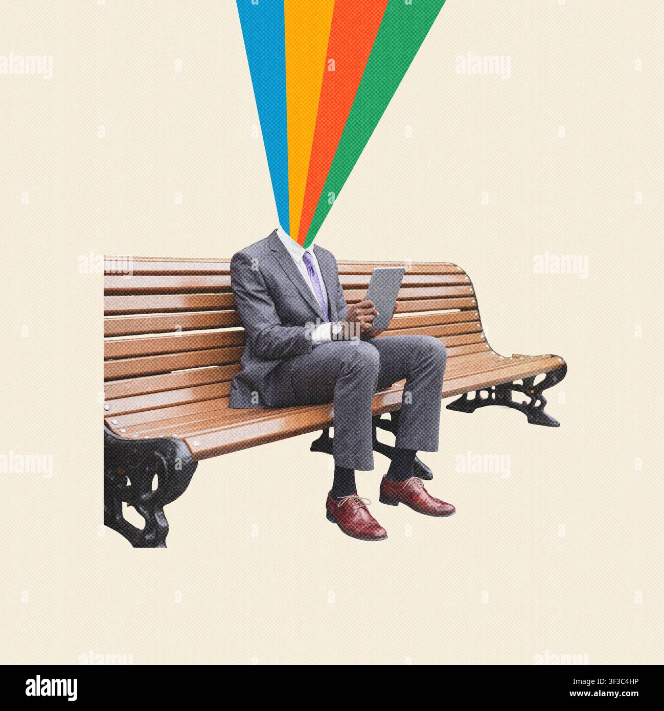 Homme d'affaires méconnaissable avec des flux colorés représentant des idées, assis sur un banc, concept moderne Banque D'Images