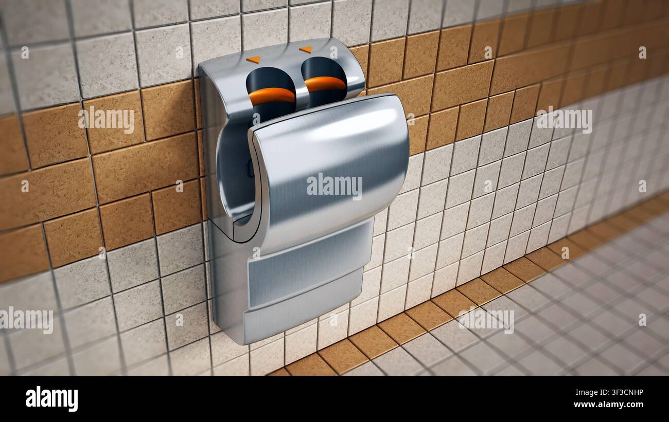 Séchoir à mains accroché au mur des toilettes publiques. Illustration 3D Banque D'Images
