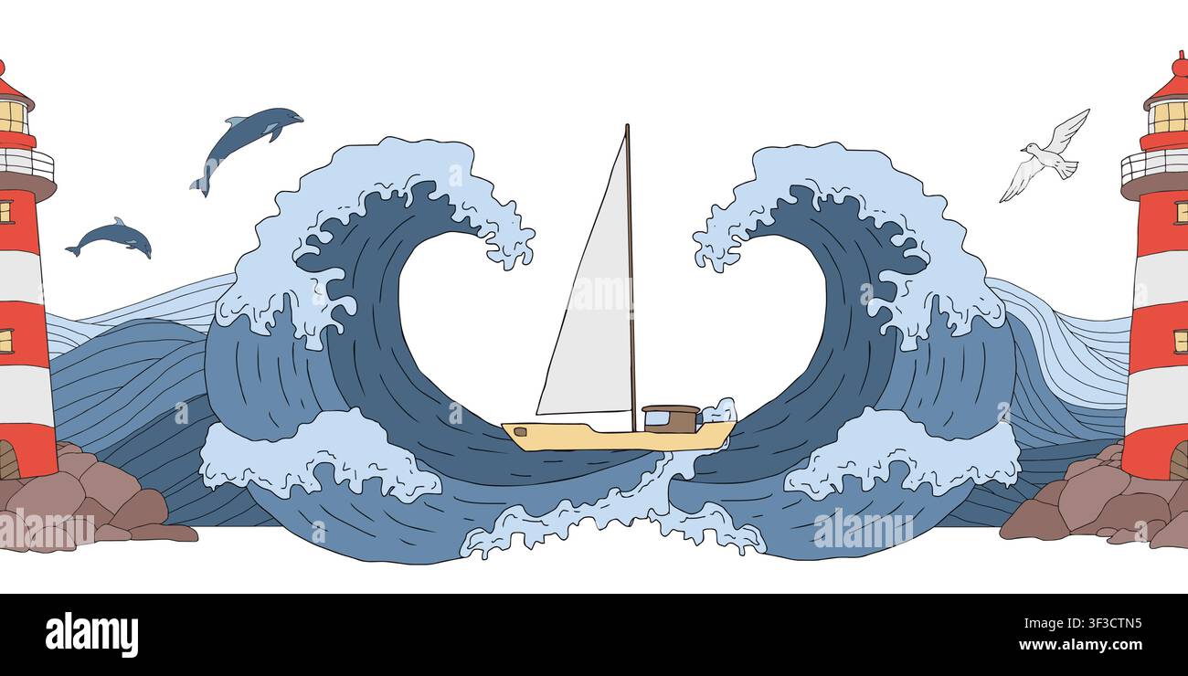 Bordure horizontale sans couture vectorielle avec phare sur une jetée en pierre, bateau à voile, vagues de l'océan, vie marine. Fond répétitif de mer bleue avec mouette Illustration de Vecteur