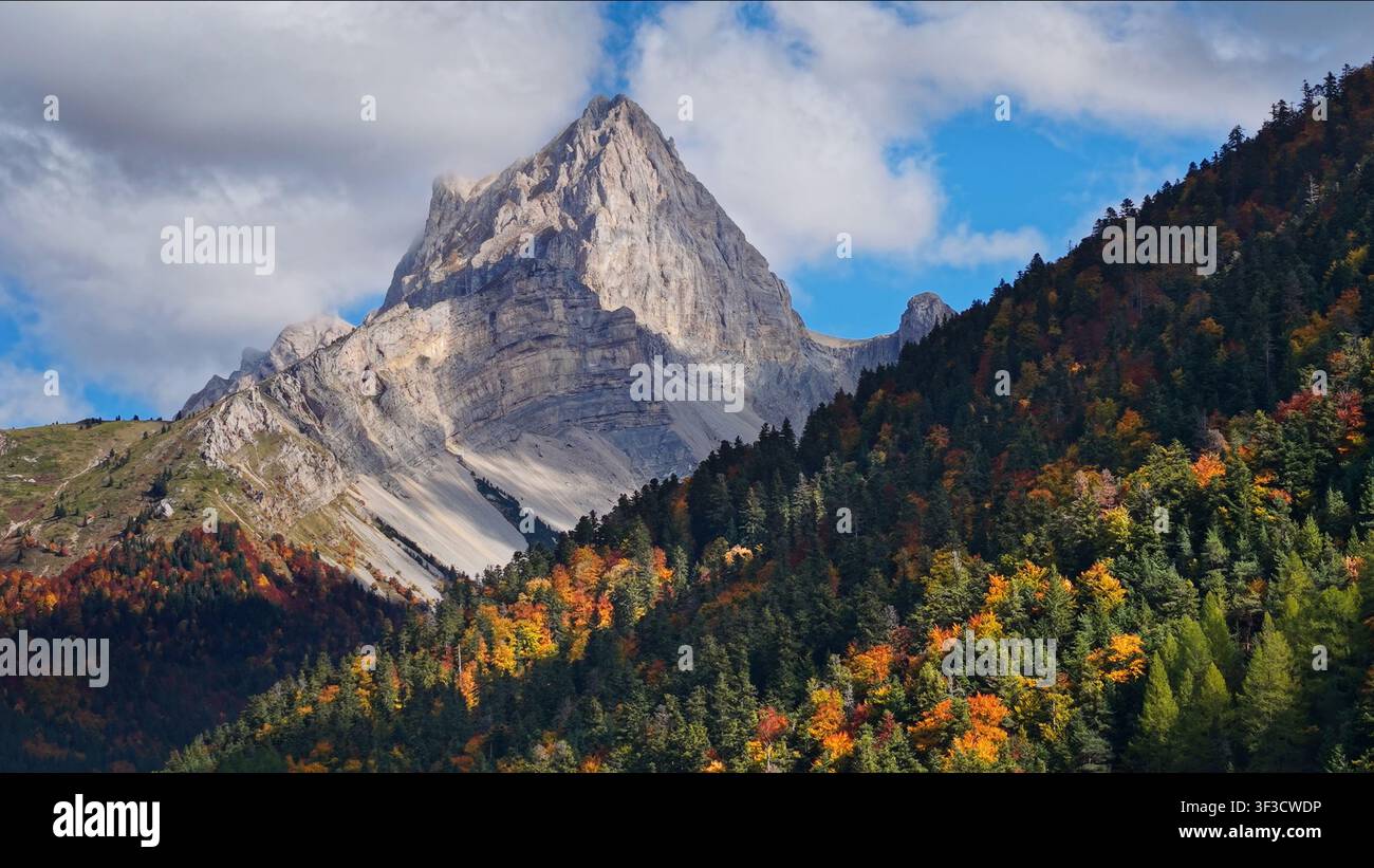 Sommet (Tête de Vachères) et forêt du massif de Dévoluy, Alpes françaises. Vue aérienne automnale dans la vallée de La Jarjatte, parc du Vercors, Drôme, France Banque D'Images