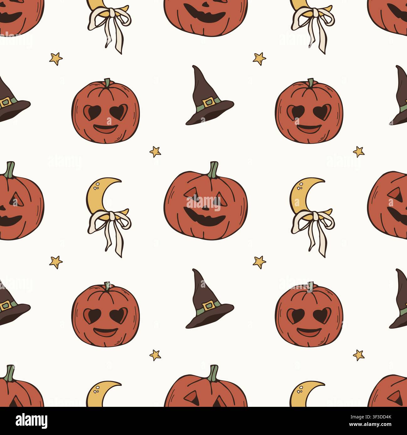 Motif sans couture avec des citrouilles sculptées dessinées à la main, un chapeau de sorcière, une demi-lune avec un nœud et des étoiles dans un style de gribouillage vintage Illustration de Vecteur
