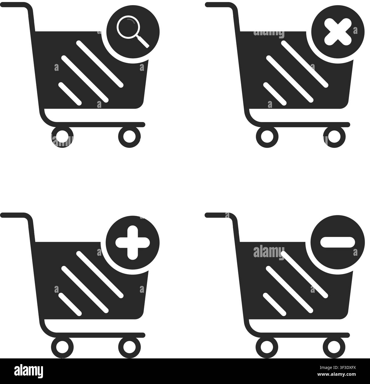 Un ensemble de quatre icônes de panier d'achat noires comportant des symboles de recherche, de suppression, d'ajout et de soustraction pour la conception d'interfaces de commerce électronique et les applications de vente au détail en ligne. Illustration de Vecteur