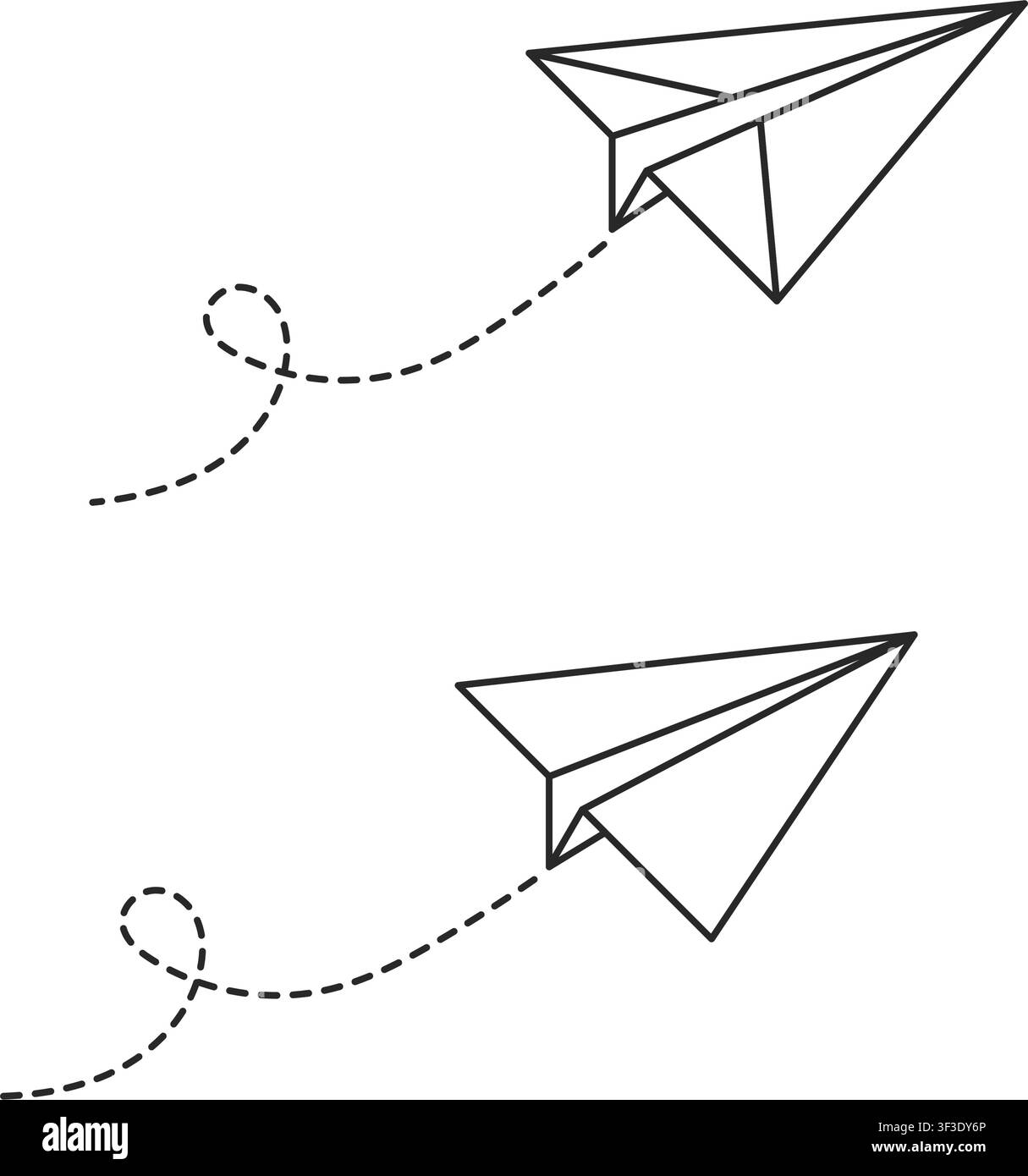 Illustration minimaliste en art linéaire mettant en scène deux avions en papier volant avec des traînées de boucles pointillées, isolés sur fond blanc. Illustration de Vecteur