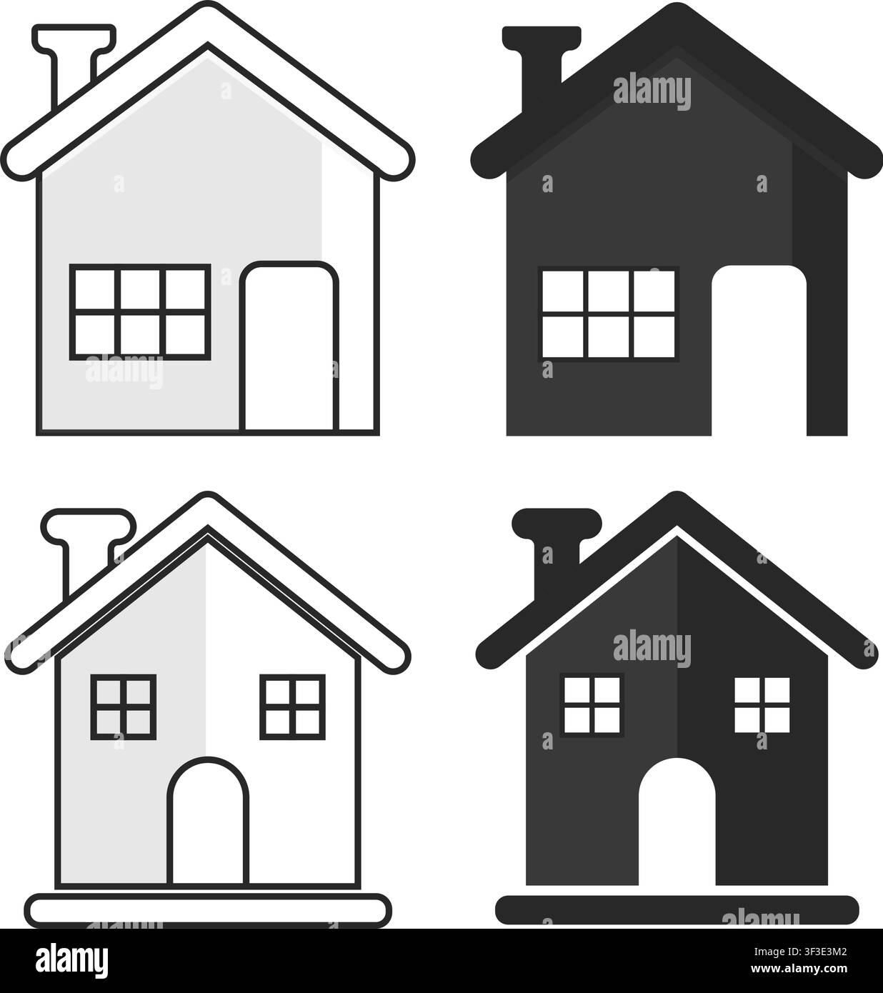 Icônes de maison simples en style art linéaire et silhouette noire plate avec cheminée, portes et fenêtres pour la conception d'applications immobilières. Illustration de Vecteur