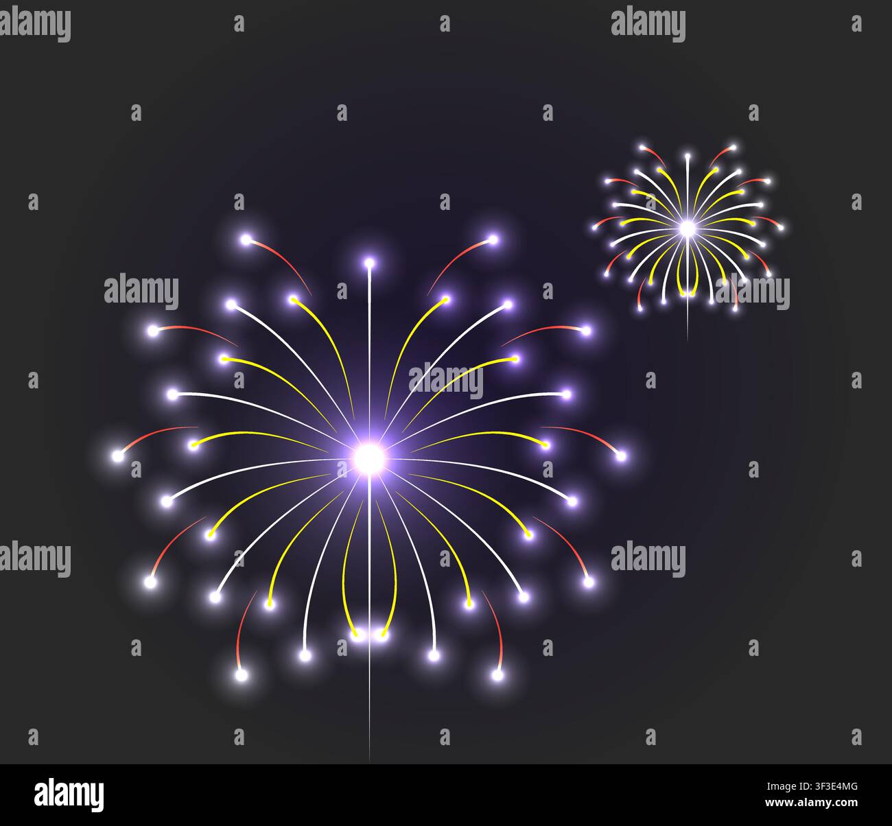 Une illustration numérique vibrante de deux feux d'artifice colorés explosant contre un fond sombre, mettant en valeur des étincelles lumineuses de jaune, blanc et rouge. Illustration de Vecteur