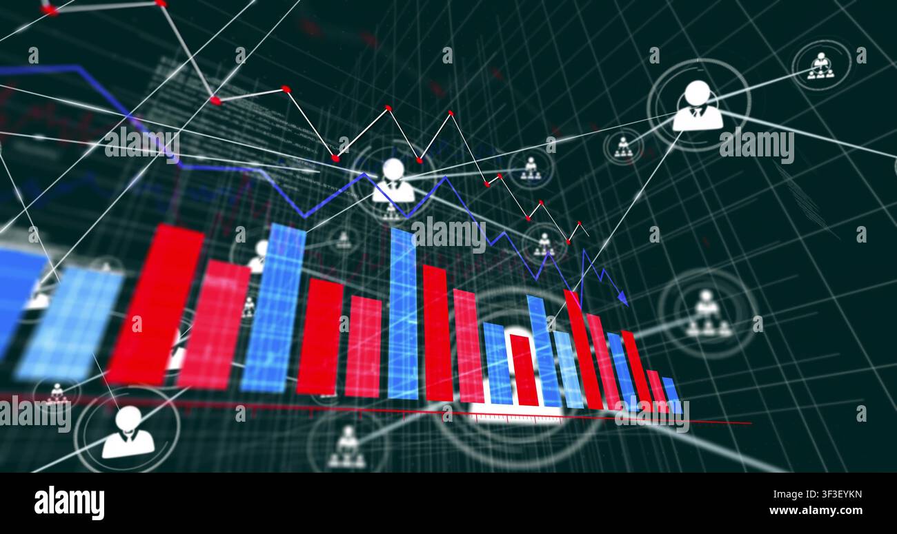 Avatar central croissant tandis que la caméra zoome sur un graphique à barres financier, les liens pulsant révélant le réseau Banque D'Images