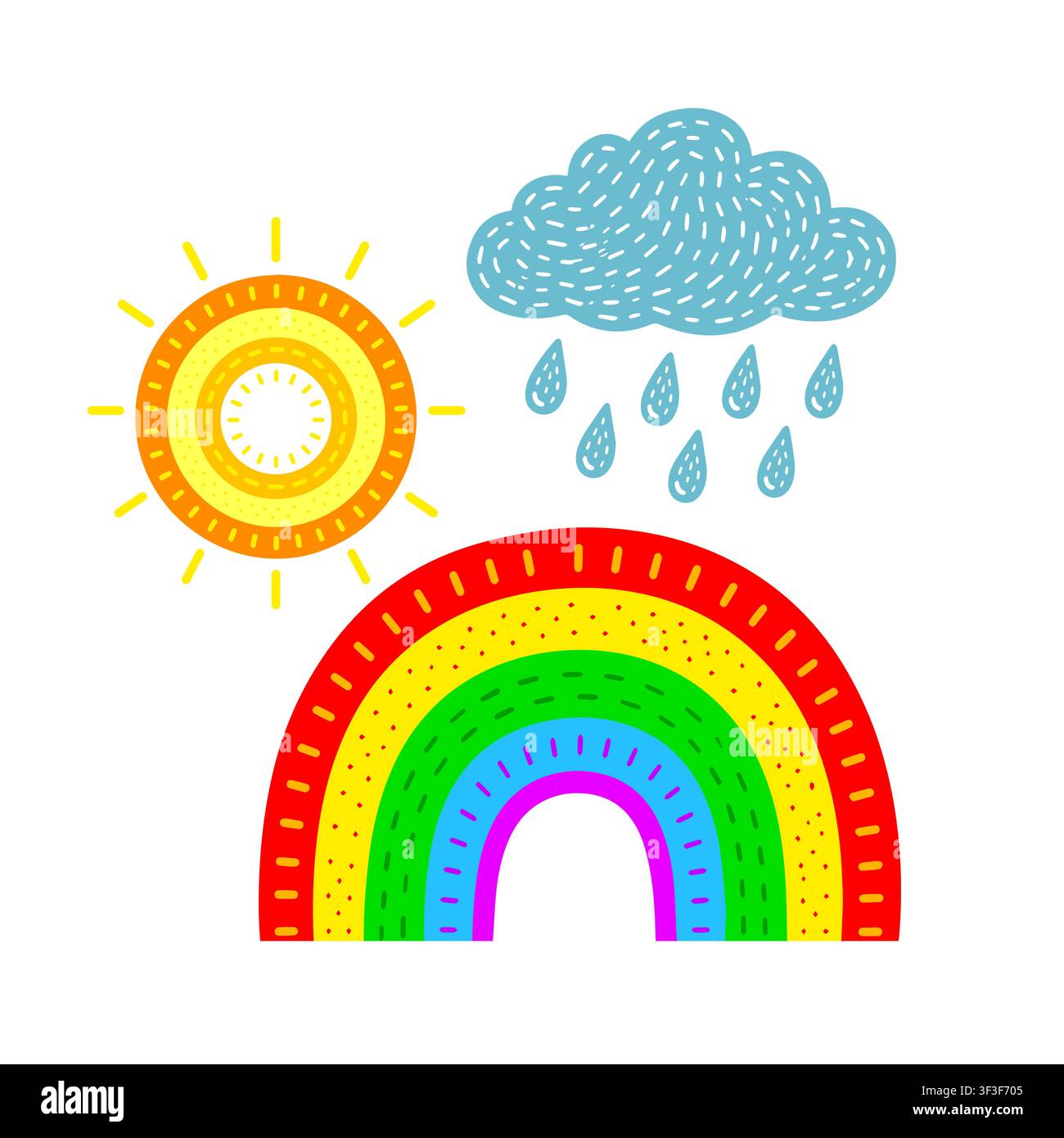Nuage et soleil arc-en-ciel pour enfants. Dessiné à la main. Pas d'IA, illustration vectorielle. Illustration de Vecteur
