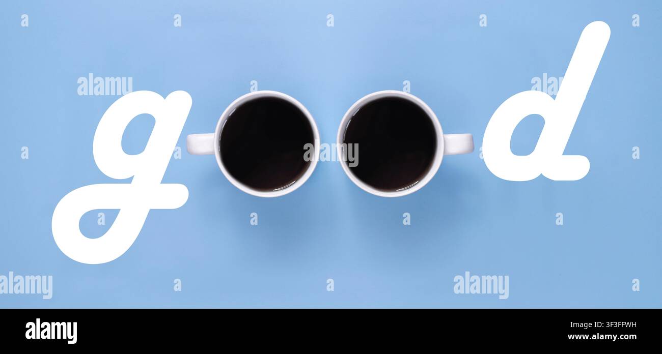 Typographie de bon café avec des tasses sur fond bleu Banque D'Images