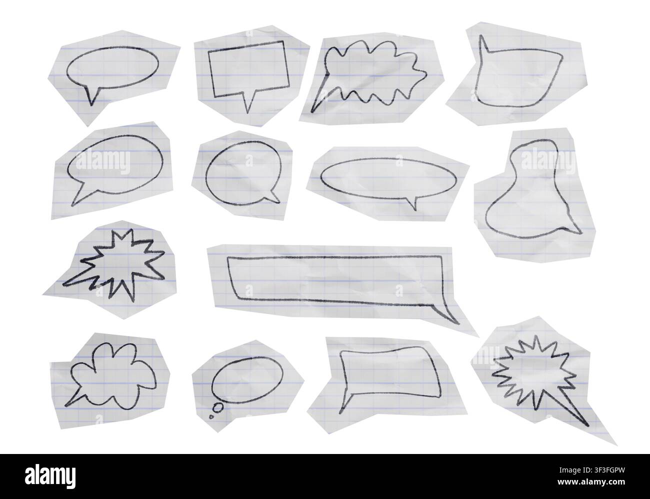 Collection de bulles de dialogue en papier ligné découpé sur fond blanc Banque D'Images