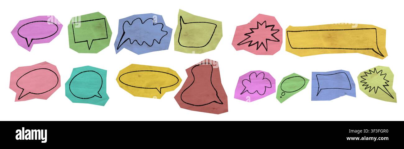 Plusieurs découpes de papier coloré vierges en forme de bulles de dialogue et bannières pour du texte Banque D'Images