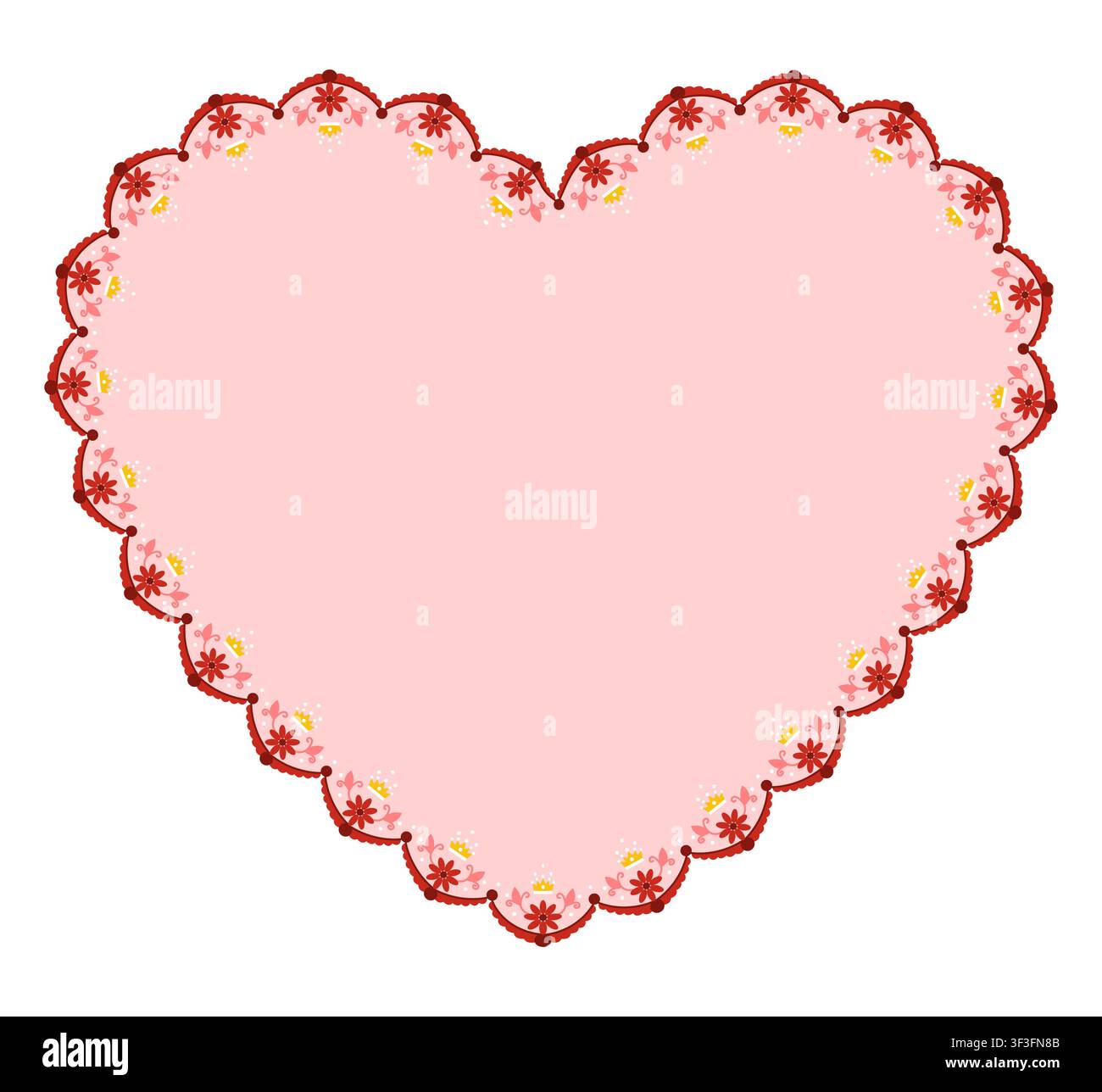 Cœur en dentelle florale rouge folklorique avec centre rose et minuscules broderies de fleurs jaunes en forme de festons formant un ornement vintage romantique. isolé sur blanc pour des cartes de Saint-Valentin ou des étiquettes d'invitation cottagecore. Illustration de Vecteur