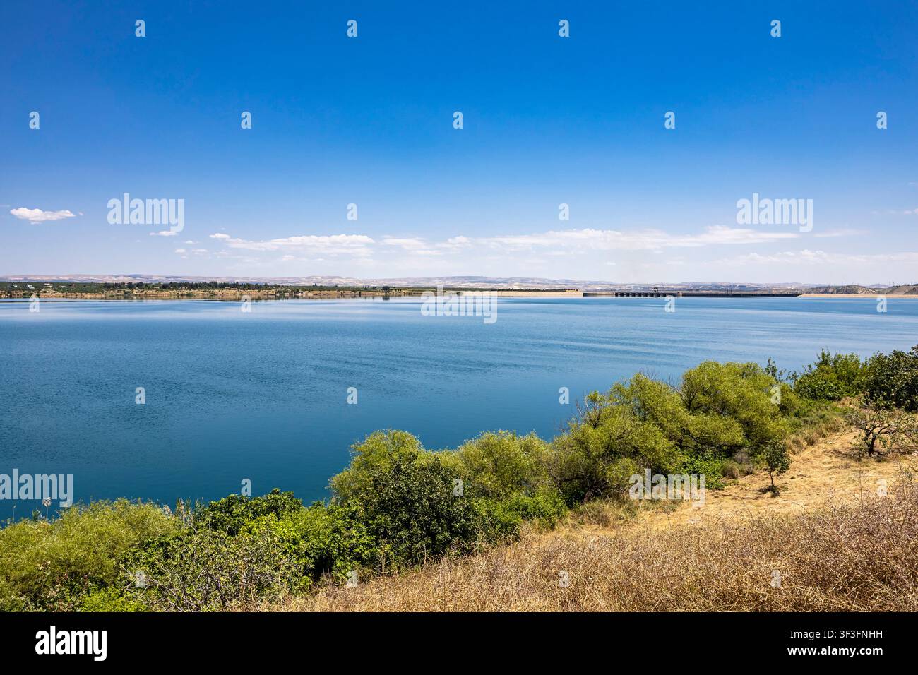 Euphrate, lac du barrage de Birecik, champs agricoles près de la ville antique de Zeugma, Zeugma, Belkis, province de Gaziantep, Turquie, Anatolie, Asie Banque D'Images