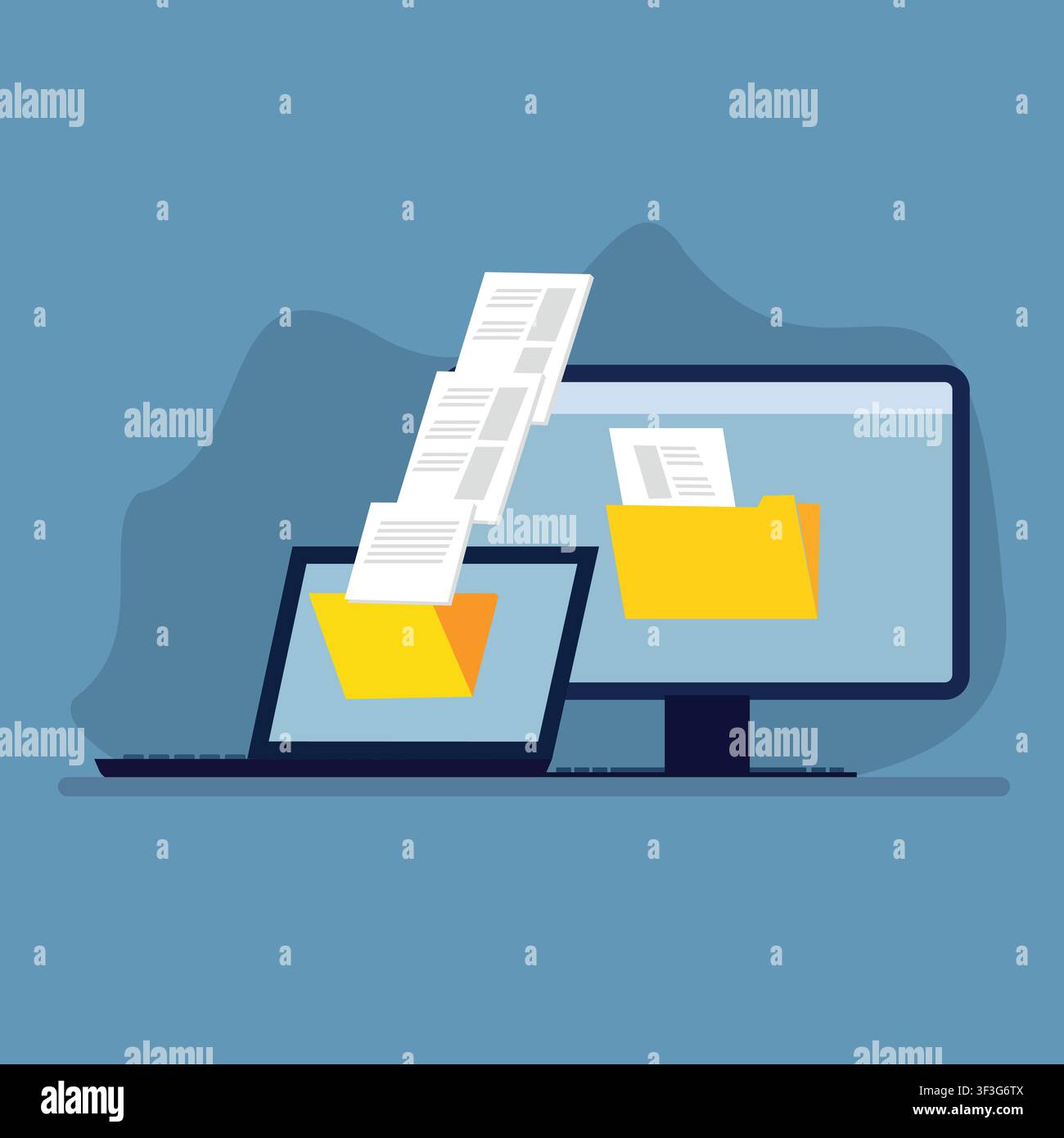 Illustration vectorielle de la synchronisation de fichiers entre ordinateur portable et ordinateur de bureau, avec des documents numériques et des dossiers pour le stockage cloud, la sauvegarde, a Illustration de Vecteur
