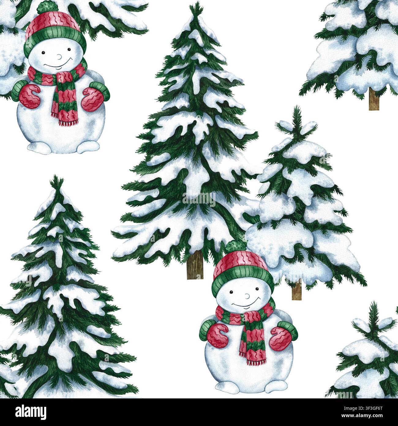 Motif sans couture de mignons bonhommes de neige et arbres de Noël. Illustration aquarellée dessinée à la main. Parfait pour les emballages de Noël, les impressions de vacances saisonnières Banque D'Images