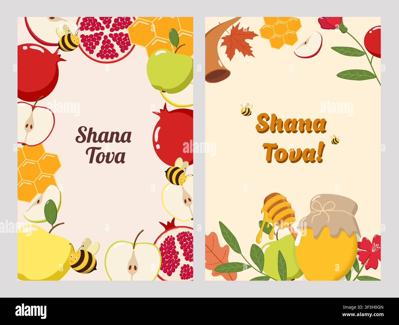 Deux cartes de vœux de Rosh Hashanah avec des pommes, des grenades, un pot de miel, des abeilles, une plaque de miel, des fleurs Illustration de Vecteur