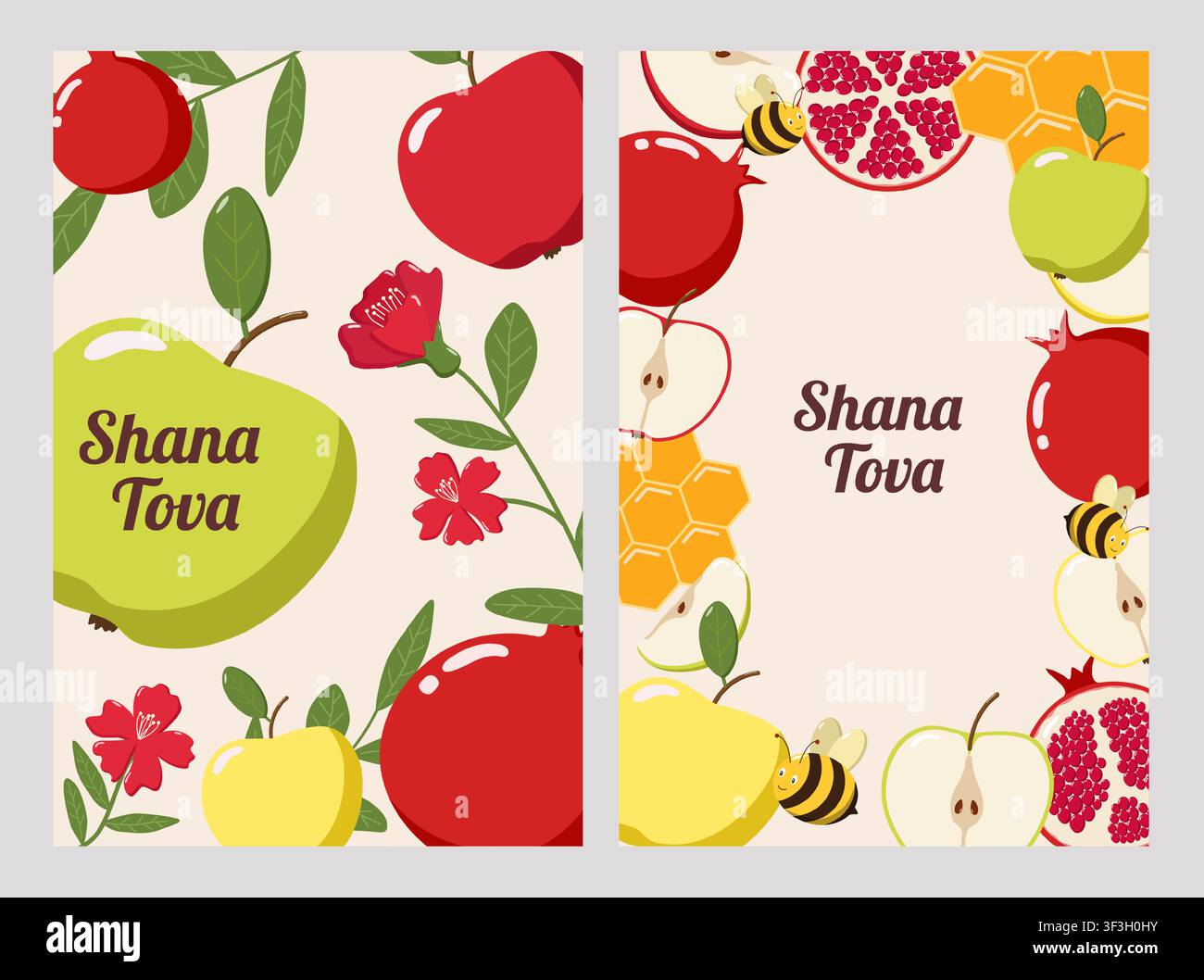 Deux cartes de vœux Rosh Hashanah avec des pommes, des grenades, des rayons de miel, des abeilles et des fleurs sur fond beige Illustration de Vecteur