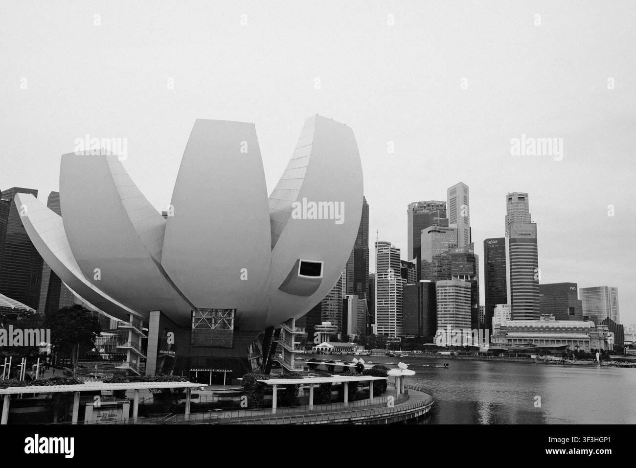 Photographie horizontale en noir et blanc du bâtiment du musée ArtScience à Marina Bay Sands, Singapour. La structure ressemble à un lotus ouvert. Banque D'Images