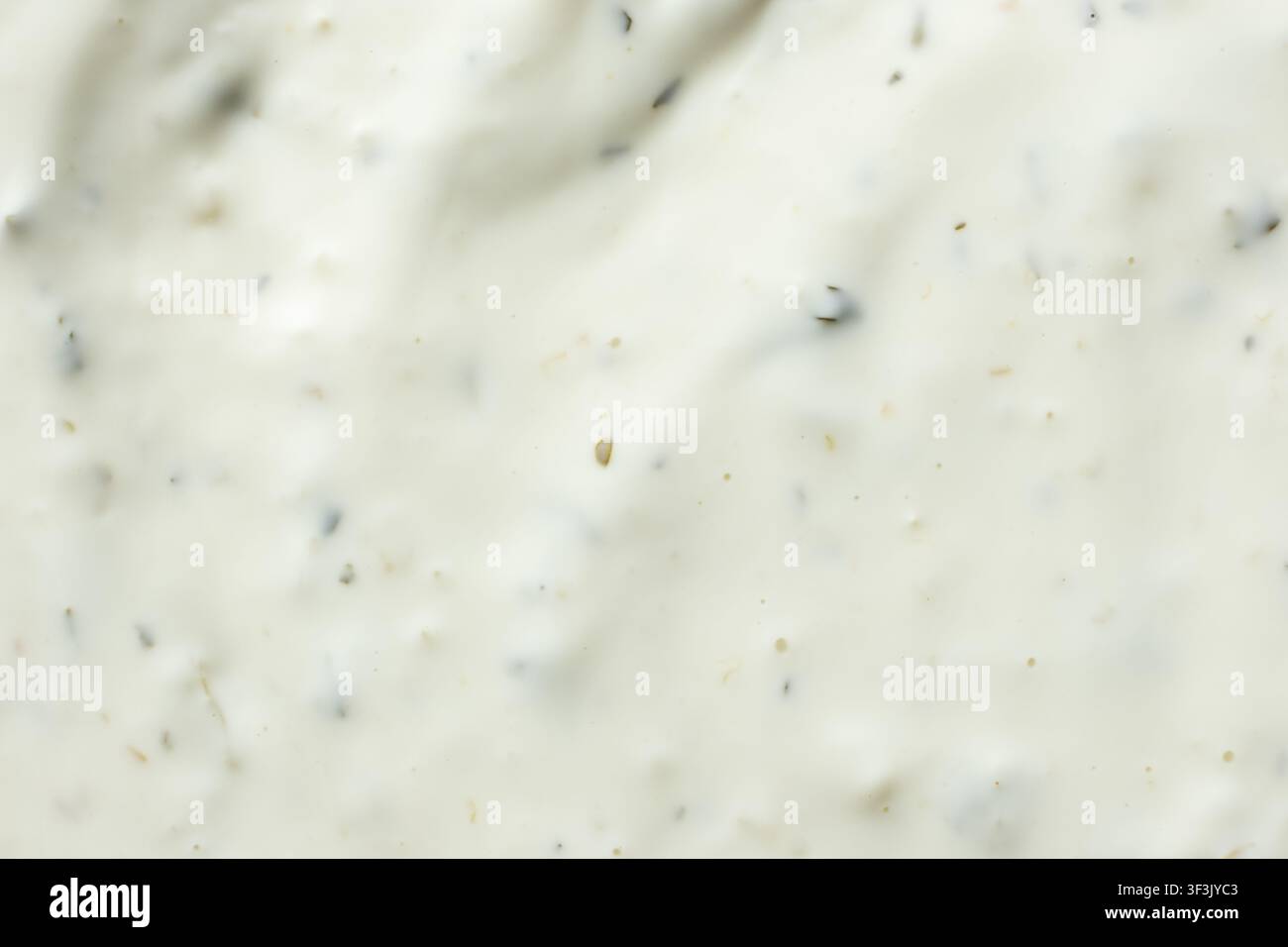 Texture en gros plan de sauce tartare crémeuse avec herbes vue de dessus. Banque D'Images