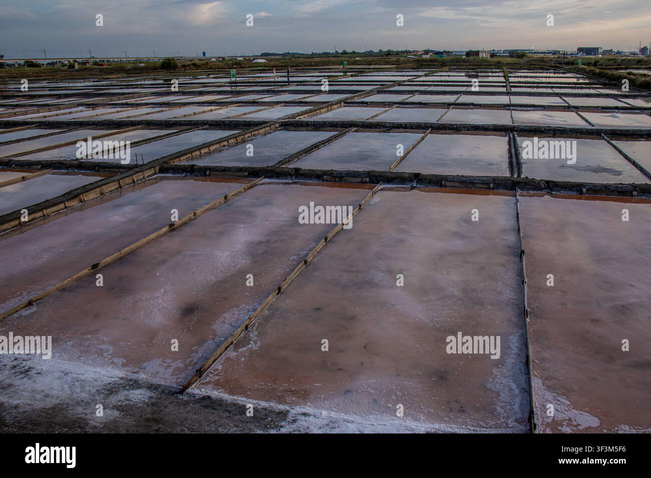Vue panoramique des salines traditionnelles d'Aveiro, Portugal. Bassins d'évaporation réfléchissants et motifs géométriques. Banque D'Images