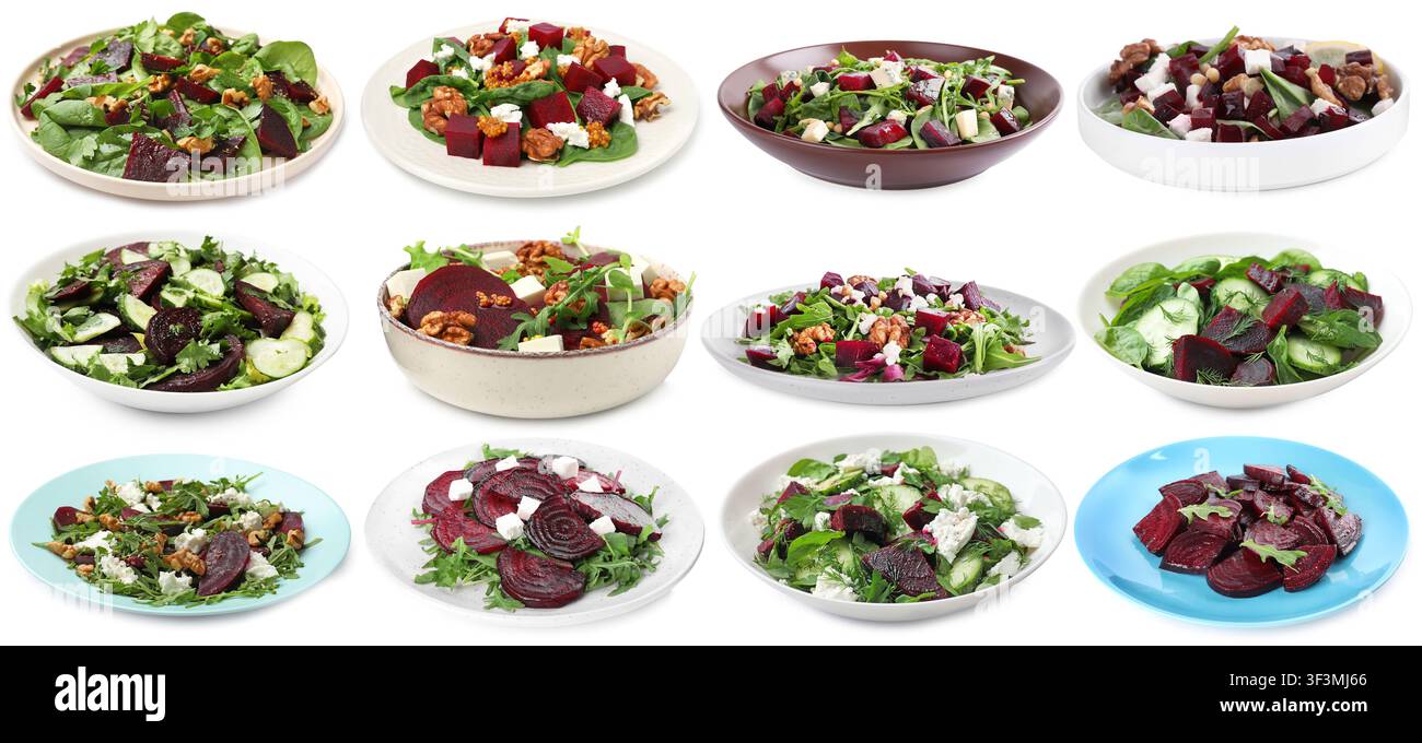 Salades fraîches avec betterave isolées sur blanc, disposées Banque D'Images