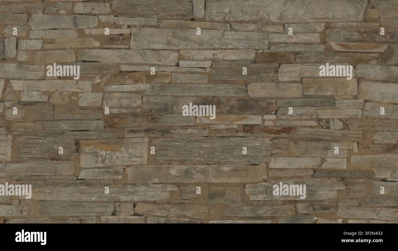 Une texture détaillée d'un mur de pierres empilées rustique avec des pierres claires irrégulières et du mortier. Banque D'Images