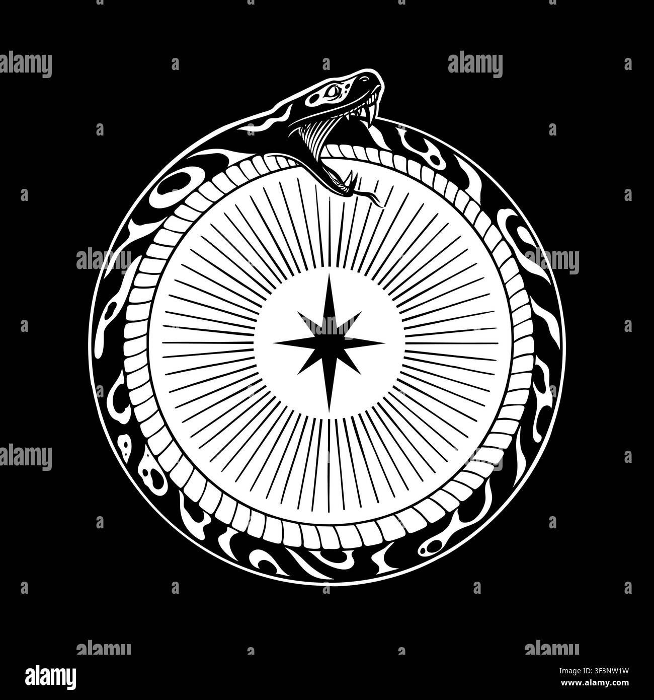 Emblème circulaire noir et blanc d'un Ouroboros, un serpent se mordant la queue. Le centre contient une grande étoile avec des lignes rayonnantes Illustration de Vecteur