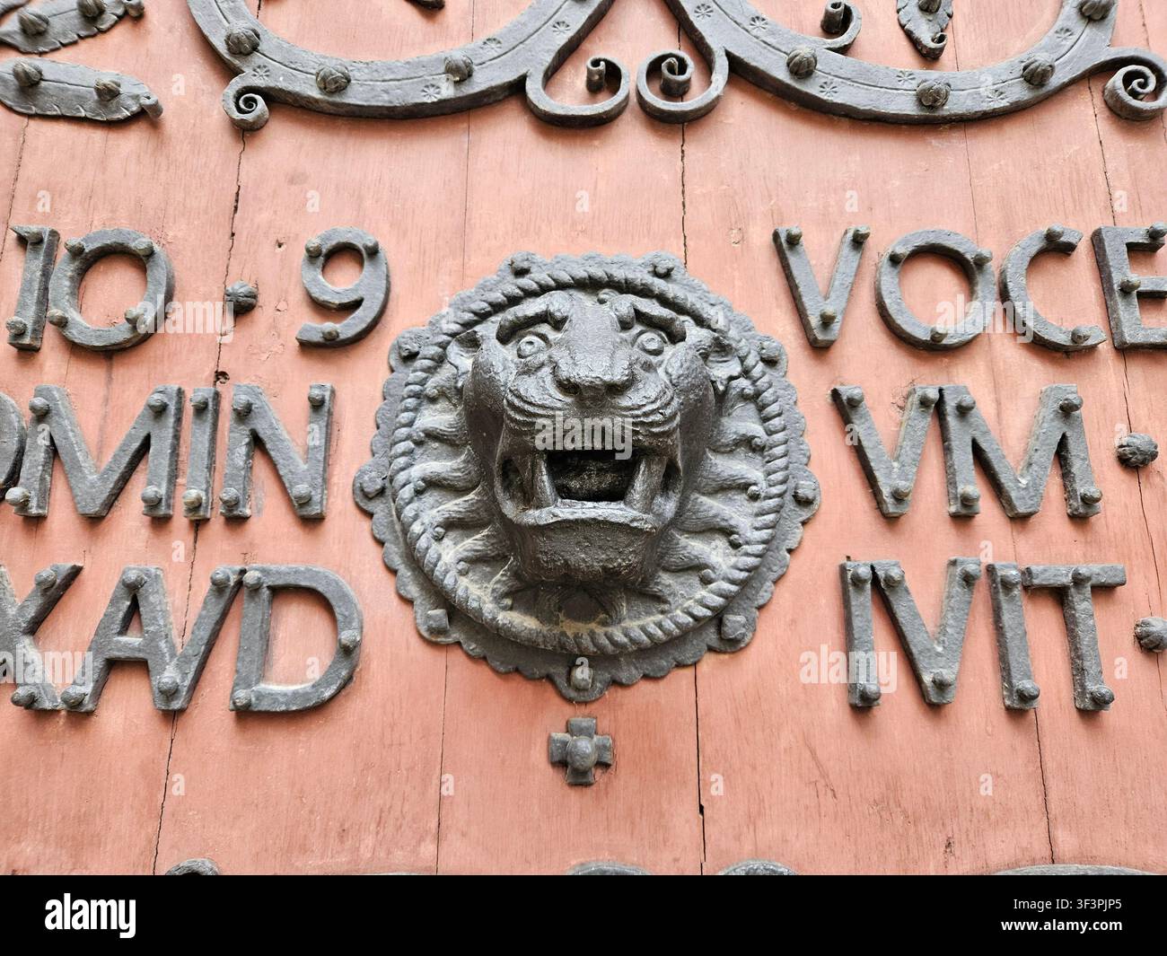 Heurtoir en tête de lion sur les lourdes portes en bois de la cathédrale Dom St. Marien d'Erfurt, Thuringe, Allemagne - Image de stock capturée avec un smartphone