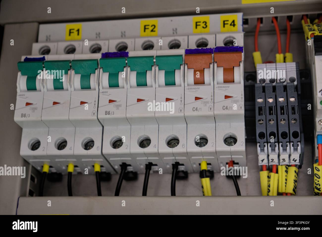 Grossissement de disjoncteurs électriques industriels et borniers dans un tableau de commande Banque D'Images