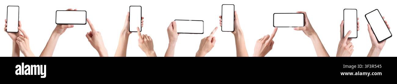 Personnes tenant des smartphones avec écrans vierges sur fond blanc, ensemble Banque D'Images