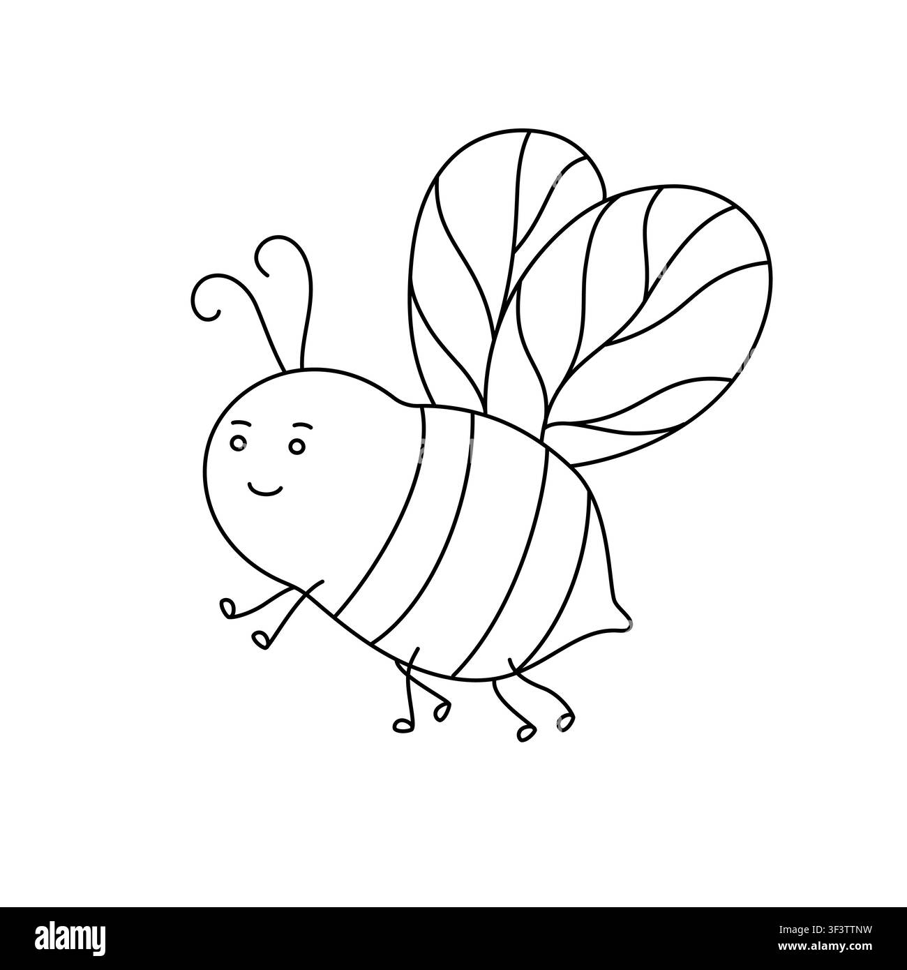 Personnage d'abeille heureuse et souriante volant dans les airs, graphique vectoriel linéaire dessiné à la main, adorable insecte bourdon rayé pour la pollinisation du jardin au printemps, conception de page de livre de coloriage Illustration de Vecteur