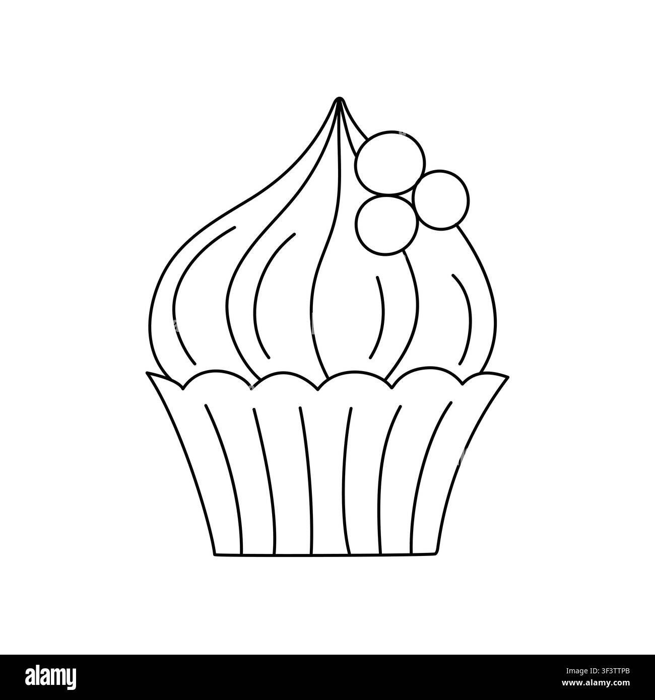 Petit gâteau sucré avec de la crème fouettée en spirale et des baies mûres, image vectorielle de contour linéaire dessiné à la main, délicieux muffin dessert de boulangerie pour la conception de page de livre de coloriage de fête Illustration de Vecteur