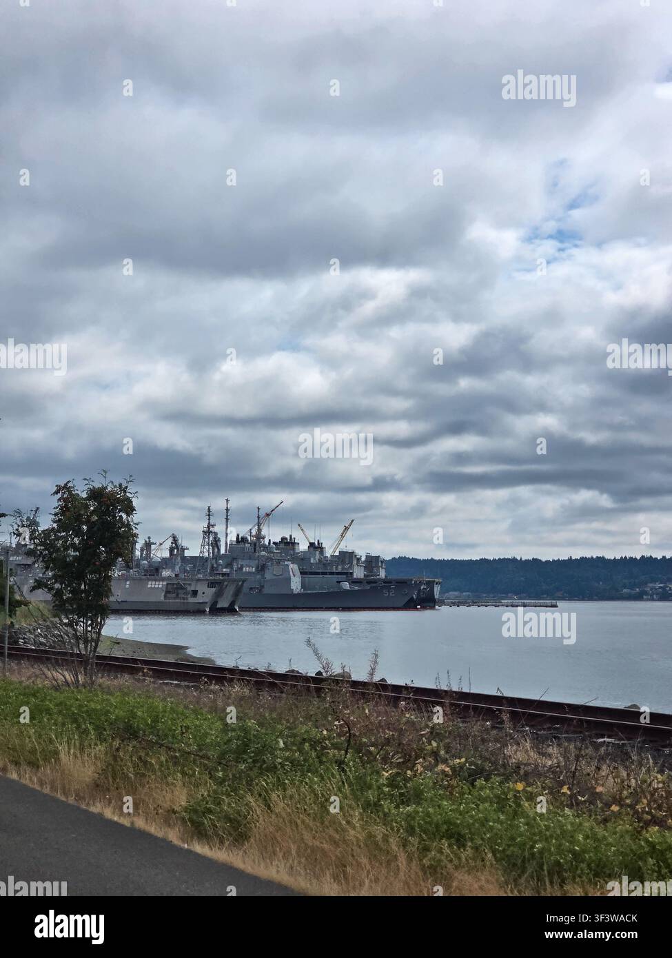 Navires de l/US Navy amarrés le long du front de mer de Bremerton sous un ciel nuageux dramatique dans l'État de Washington Banque D'Images
