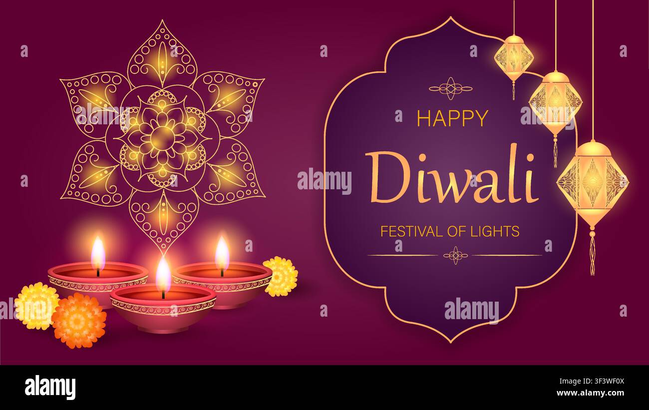 Célébration du Festival des Lumières avec des lanternes colorées et des décorations traditionnelles de Diwali Illustration de Vecteur