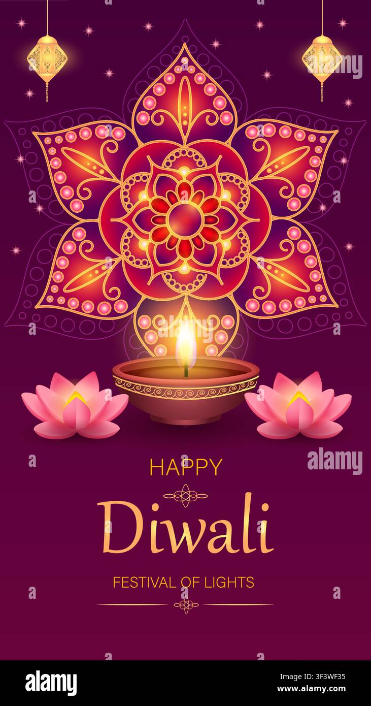 Célébration vibrante de Diwali avec un design mandala coloré, des fleurs de lotus et des lumières éclatantes Illustration de Vecteur